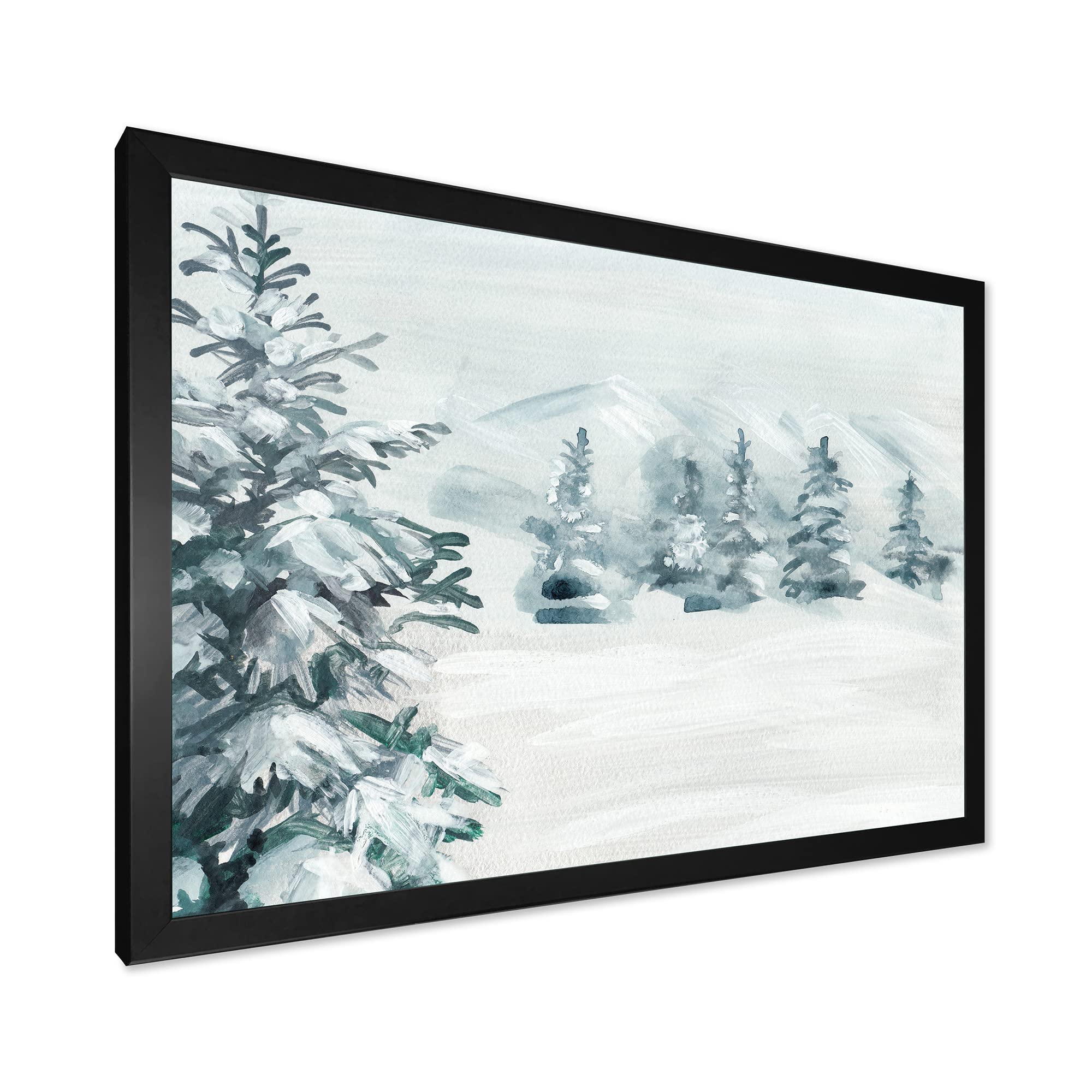 DesignQ Snowy Pine Trees Traditional Framed Wall Art - Winter Landscape Canvas Painting for Living Room, Bedroom & Office Decor
