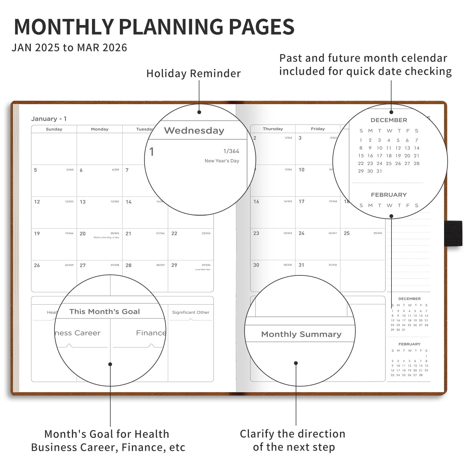 2025-2026 Weekly & Monthly Planner - 15 Month Calendar from Jan 2025 to Mar 2026, A4 Size 8.5x11 Inches with 14 Notes Pages, Vegan Leather Soft Cover & Inner Pocket - Perfect for Work, School & Personal Organization (Black)