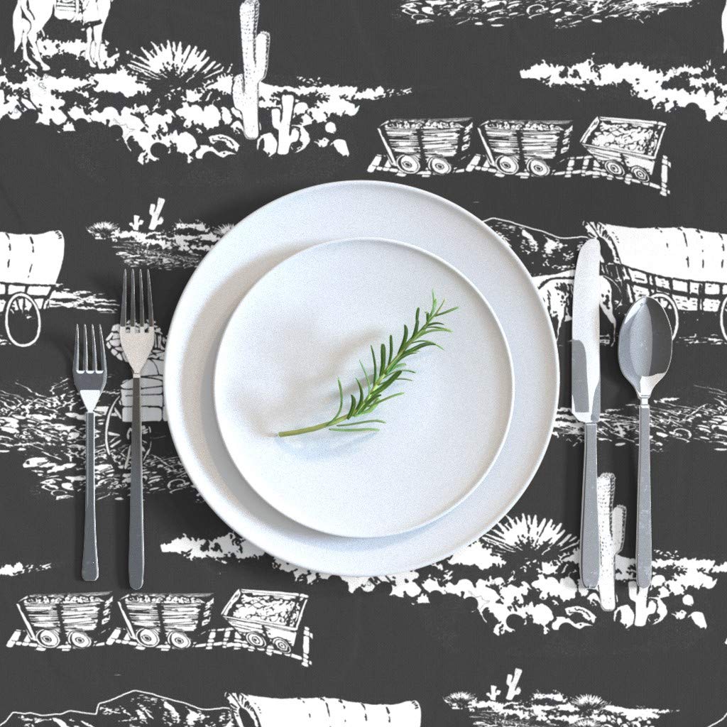 Western Wheels Toile Cowboy Country Horse Wagon Black Print Cotton Sateen Tablecloth 70x144 Inches - Custom Table Linens for Farmhouse Dining, Rustic Weddings & Country Kitchen Decor