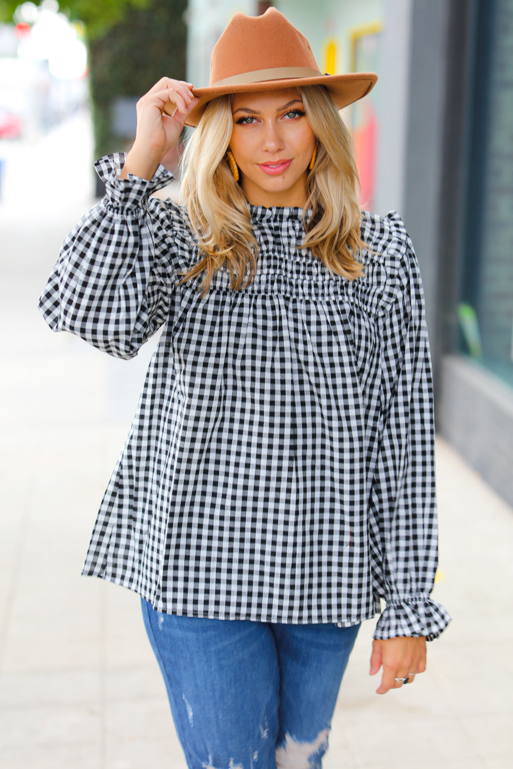 Stylish Black Gingham Shirred Yoke Mock Neck Frilled Top for Women | Vintage-Inspired Blouse for Casual Outfits & Date Nights