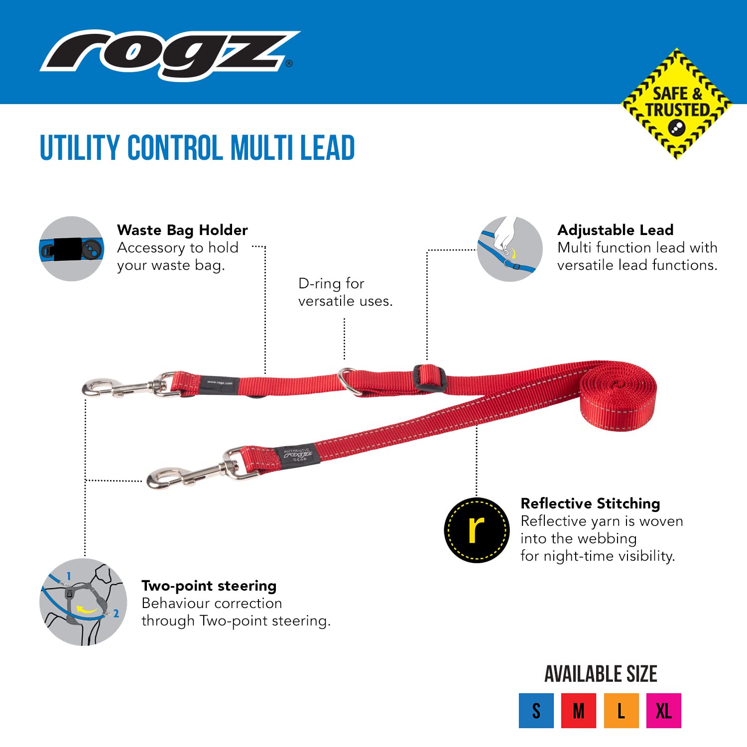 Multi-Function Dog Leash Control Medium - Red | Adjustable Hands-Free Pet Walking Lead for Running, Hiking & Training