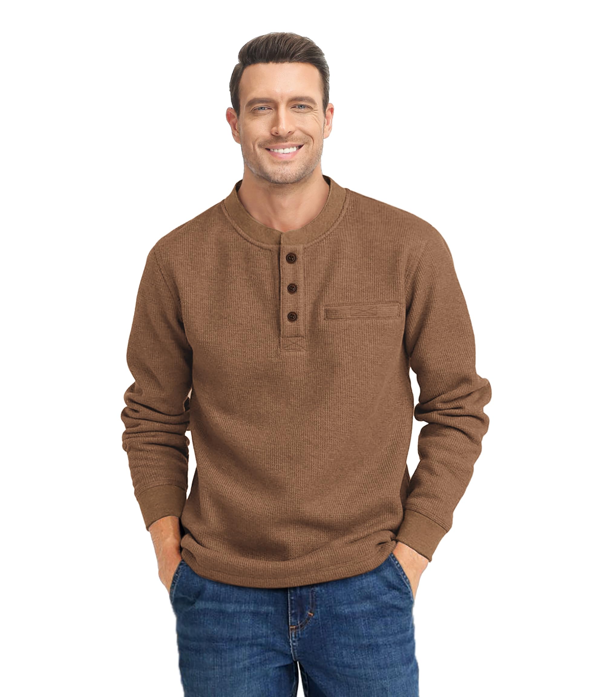 ZITY Men's Long Sleeve Henley Shirt - Casual Waffle Thermal Pullover with 3 Buttons & Pocket | Warm Winter Layering, Outdoor Activities, Workwear