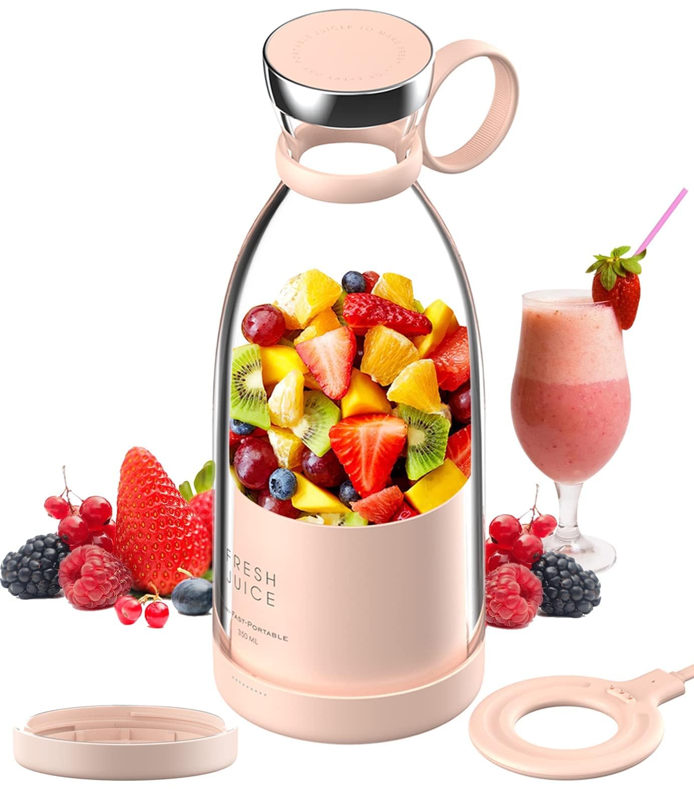 Portable USB Rechargeable Blender - 4 Blades Powerful Smoothie Maker & Juicer for Shakes, Protein Drinks - Perfect for Travel, Office, Gym, Home Kitchen - Compact Personal Blender (Pink)