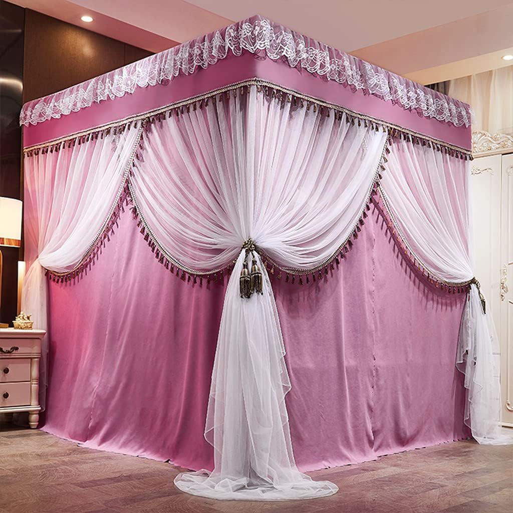 Princess 4 Corner Post Bed Canopy & Cute Mosquito Net for Girls Bedroom, Adult Bed, Kids Room - Twin/Full/Queen/King Size Bed Curtain (Solid Rose, King) | Perfect for Nursery Decor, Fairy Tale Bedroom Theme, and Mosquito Protection