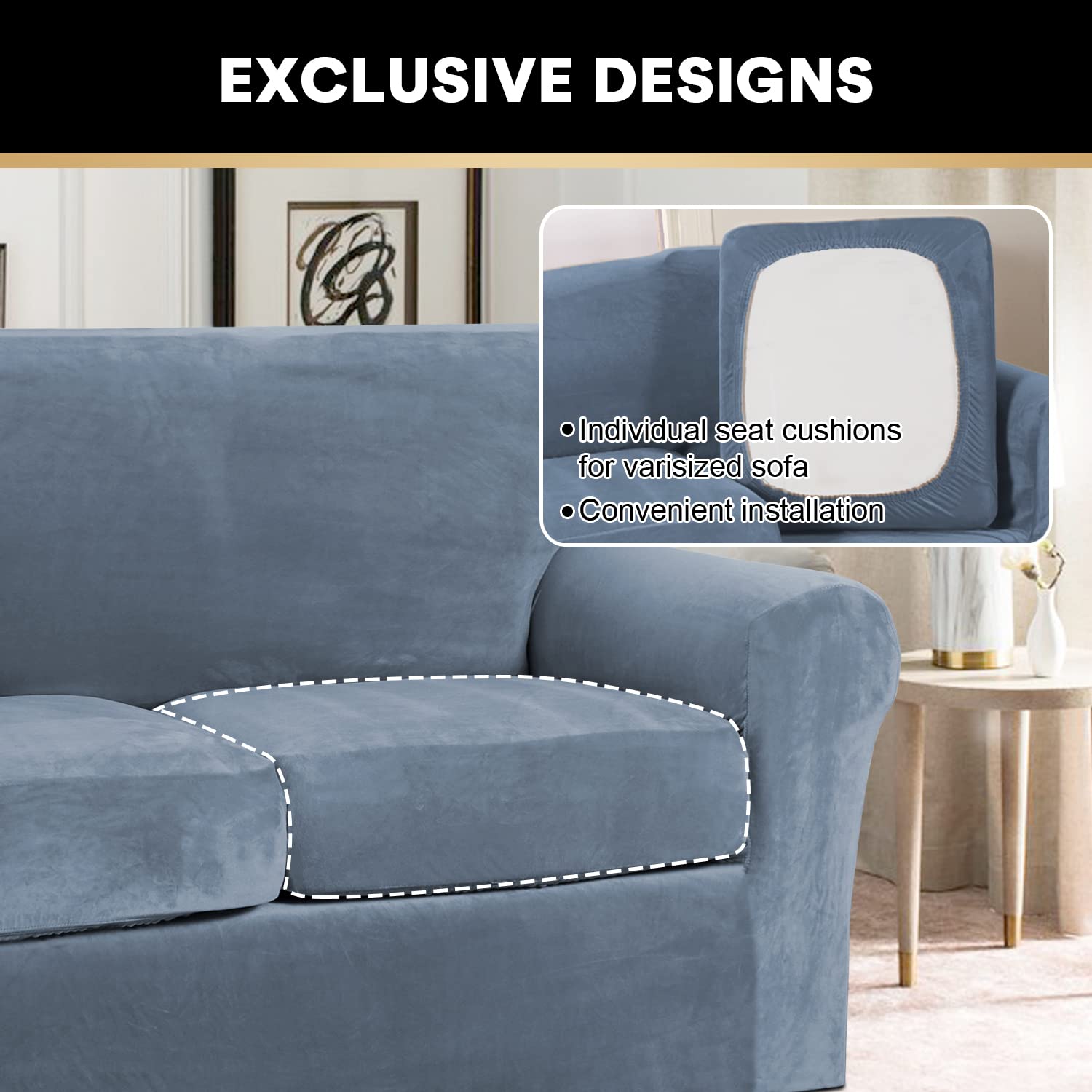 PrinceDeco Velvet Plush Stretch Sofa Cover 2-Piece Set - Washable Furniture Protector with Elastic Bottom, Fits Armchairs Up to 49