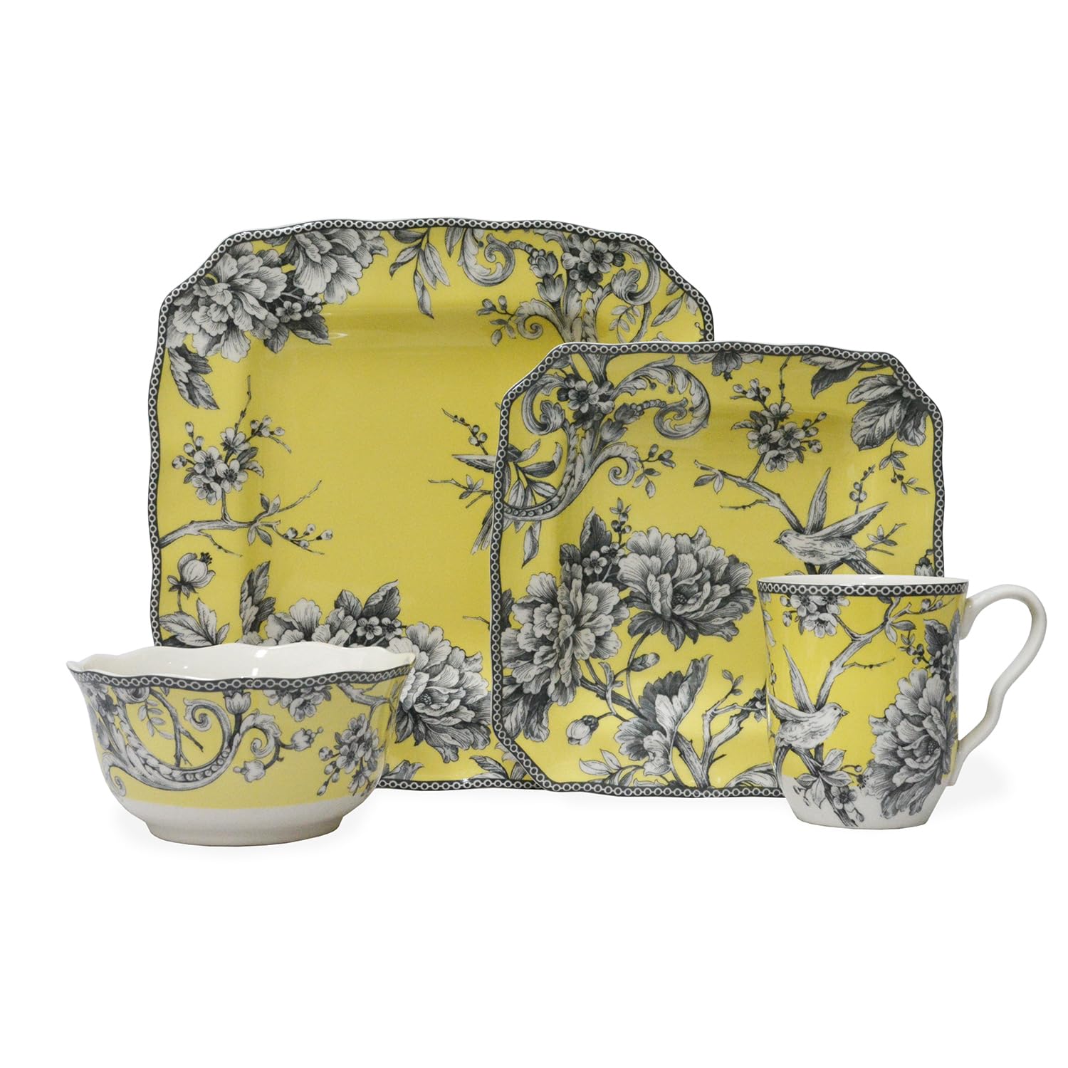 222 Fifth Adelaide 16-Piece Square Floral Dinnerware Set - Service for 4, Yellow Porcelain Plates & Bowls, Microwave & Dishwasher Safe, Chip Resistant - Perfect for Everyday Dining, Family Gatherings & Dinner Parties