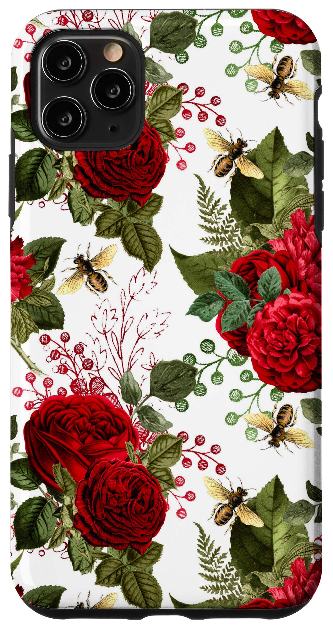 Premium iPhone 11 Pro Max Case with Elegant Bees & Red Roses Design - Shockproof Protective Cover for Everyday Use, Travel & Outdoor Activities