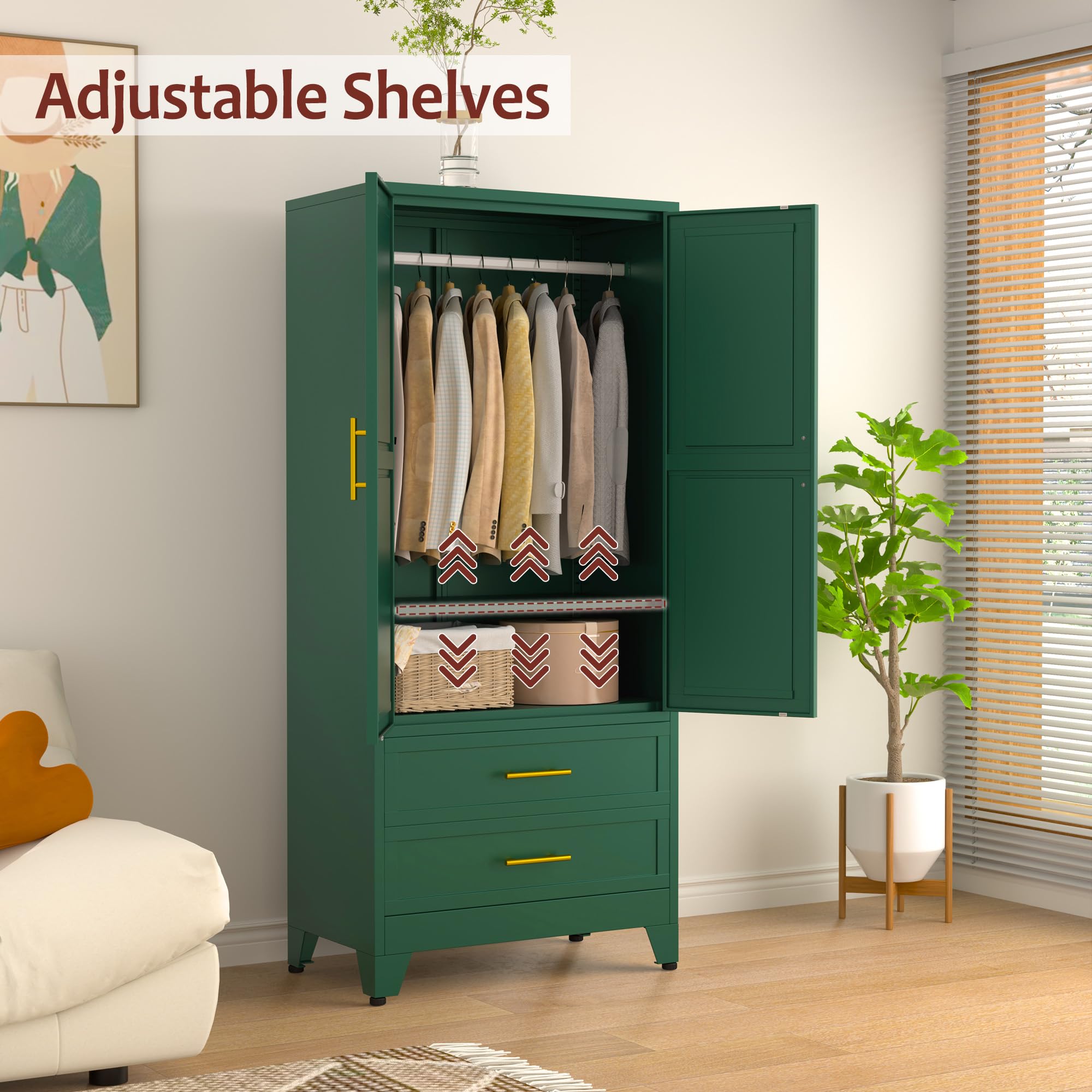 Metal Armoire Wardrobe Closet with 2 Drawers & Hanging Rod - 71