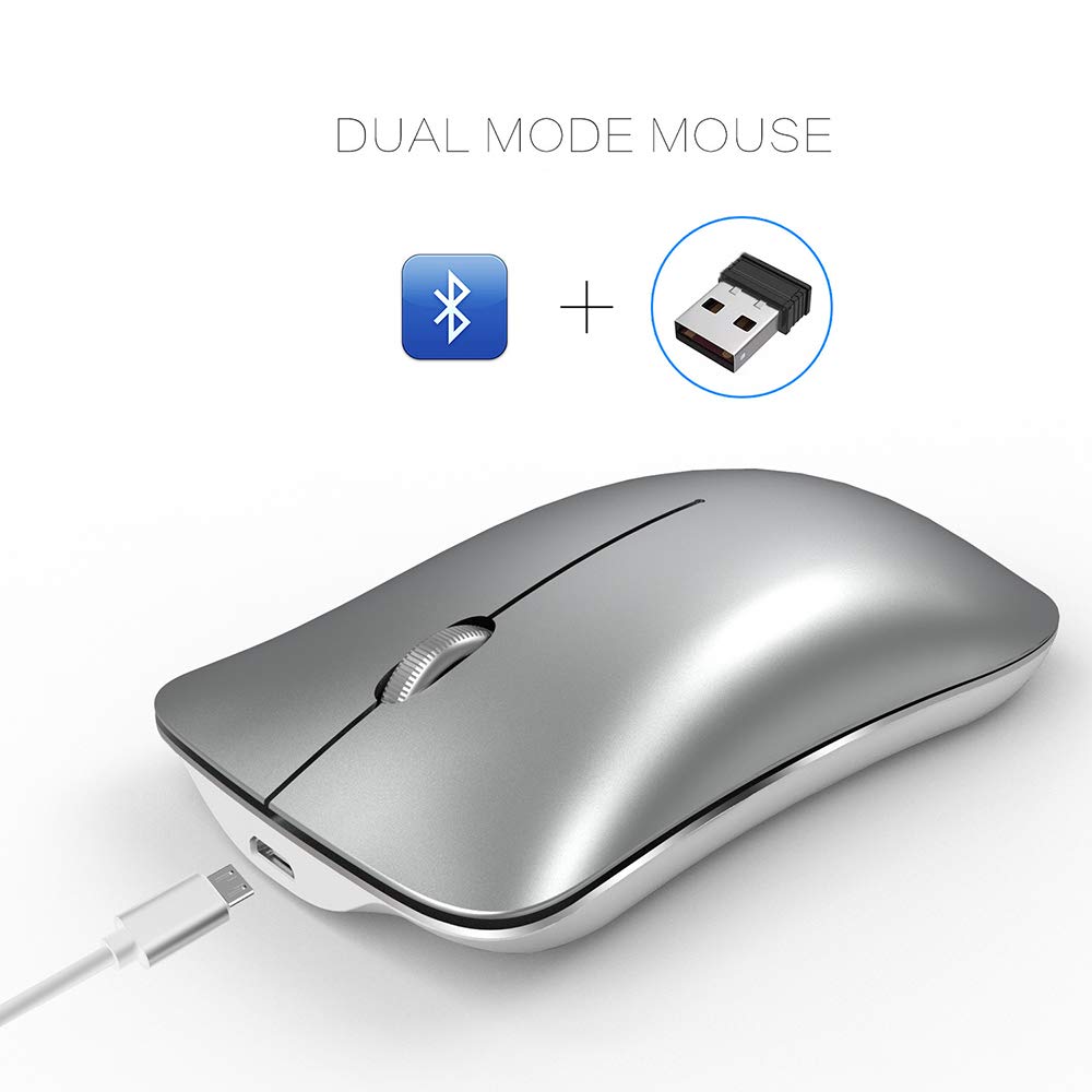 Wireless Bluetooth 4.0 Dual Mode Mouse with Nano USB Receiver - Rechargeable Ergonomic Computer Mouse for PC, Laptop, Android - Perfect for Office Work, Gaming & Travel (Silver)