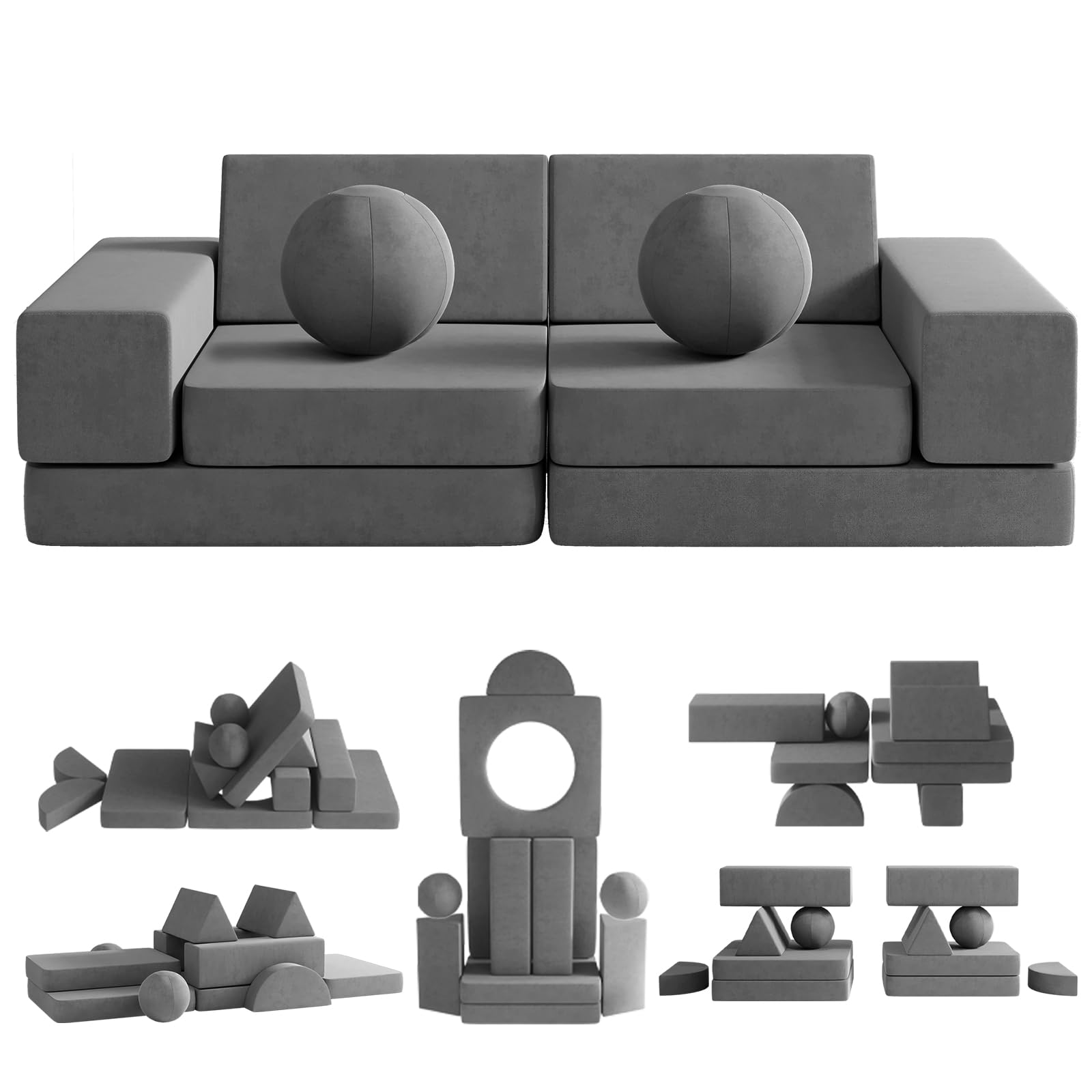 12PCS Modular Kids Play Couch Set with 2 Balls & Play Tunnel - Dark Gray Toddler Sofa for Playroom, Indoor Kickball Game & 30+ Creative Activities - Perfect for Playdates, Daycare & Family Game Nights