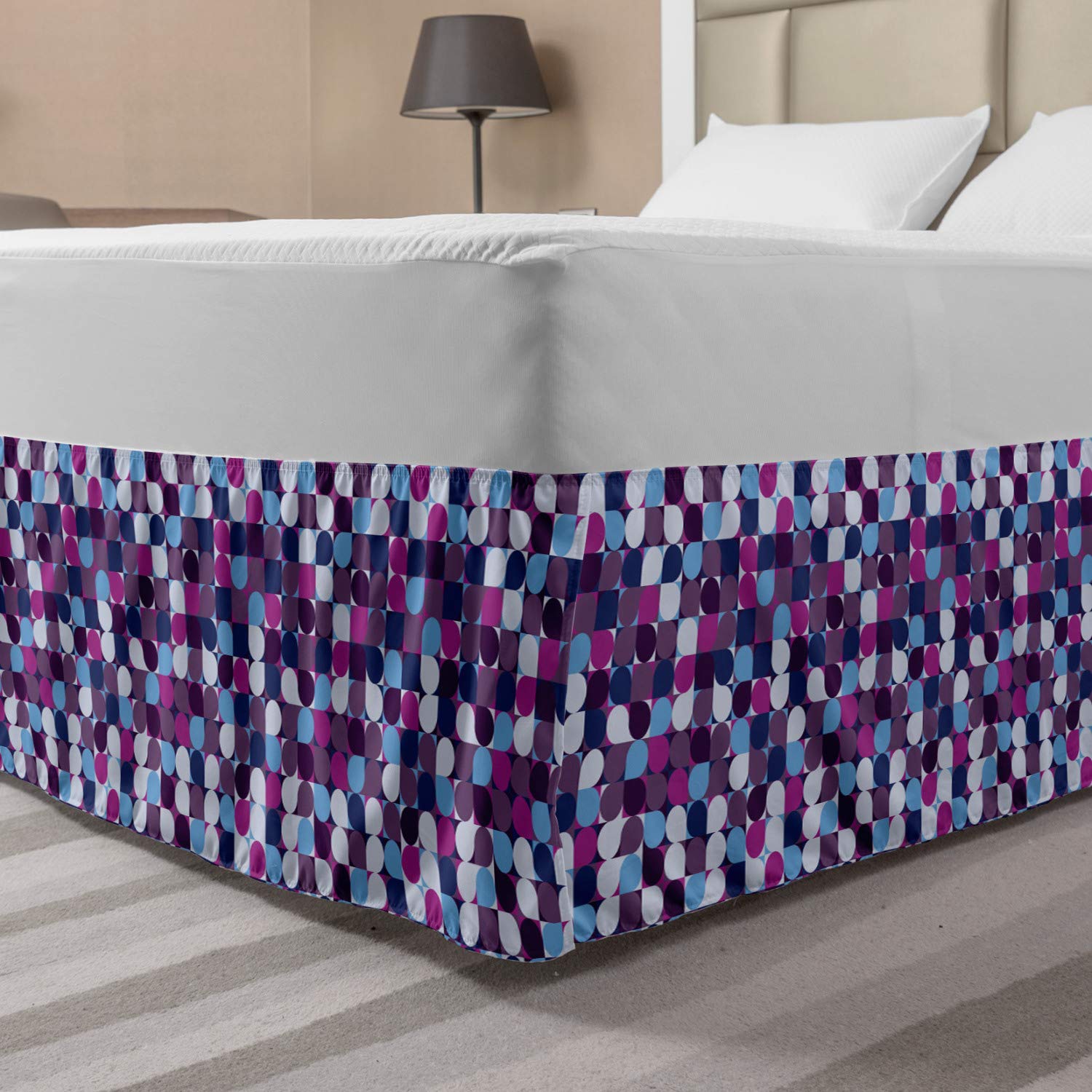 Ambesonne Geometric Bed Skirt - Modern Abstract Circle & Square Mosaic Design, Elastic Dust Ruffle Wrap Around Bed Skirt for Queen Size Beds | Perfect for Home Decor, Guest Rooms & Bedroom Makeovers