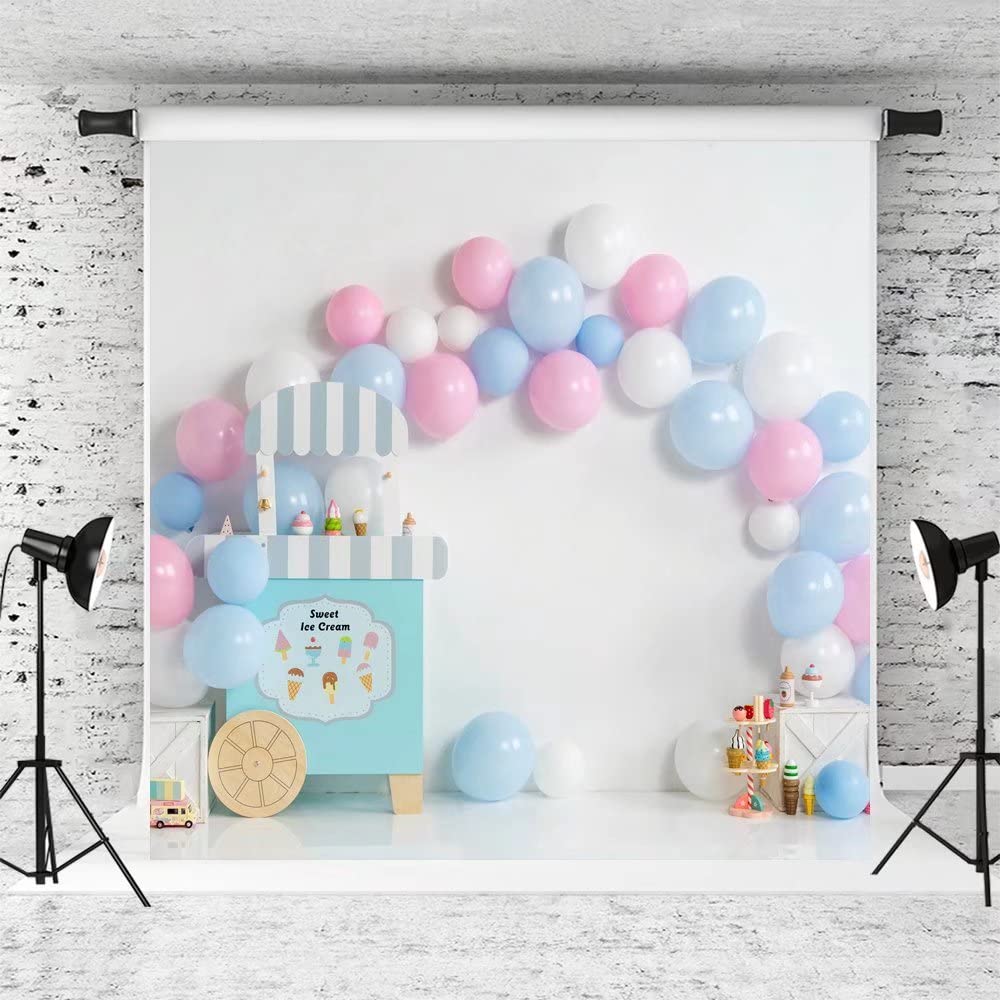8x8ft Happy Birthday Party Backdrop - Ice Cream Balloons Photography Background for Girls, Newborn, Baby Shower & Birthday Decorations | Perfect for Photo Booths, Social Media Posts & Birthday Party Decor
