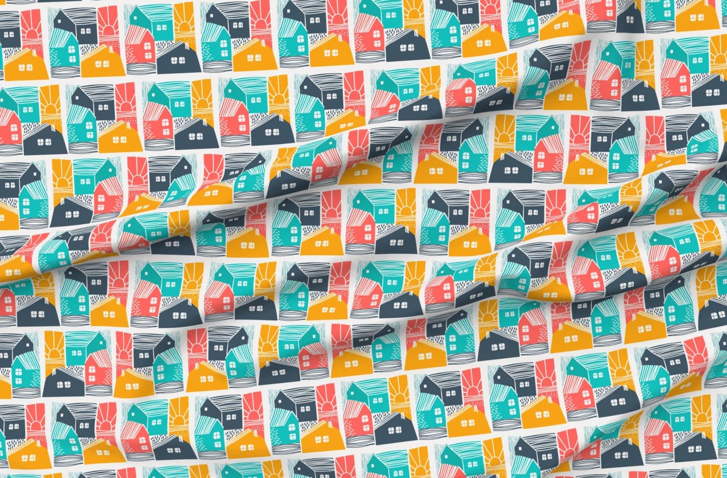 Small Town Landscape House Building Townscape Printed Minky Fabric by The Yard - Soft Plush Fabric for Sewing Baby Blankets, Quilt Backing & DIY Plush Toys - Perfect for Nursery Decor & Handmade Gifts