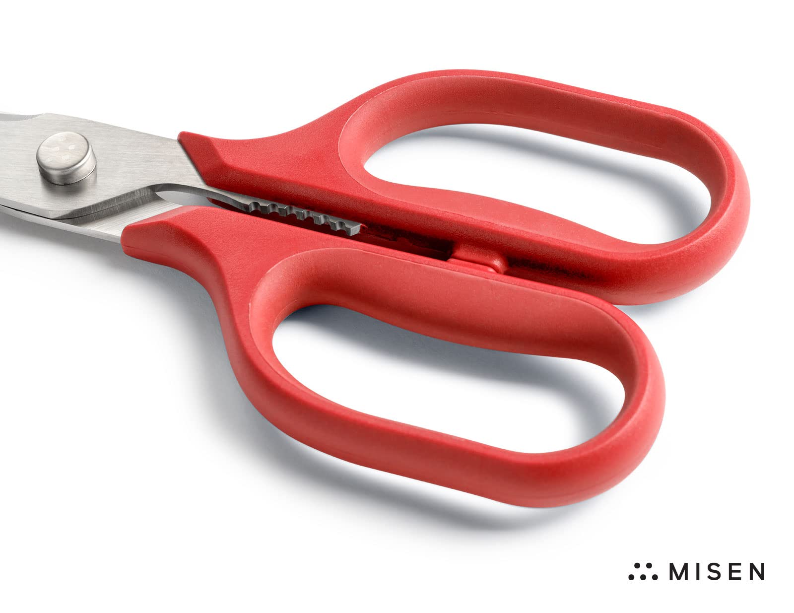 Misen Heavy Duty Kitchen Shears - Professional Stainless Steel Cooking Scissors for Cutting Meat, Poultry, Herbs & Vegetables - Dishwasher Safe Kitchen Shears with Ergonomic Ambidextrous Handle - Perfect for Meal Prep, Butchering & Food Processing (Red)