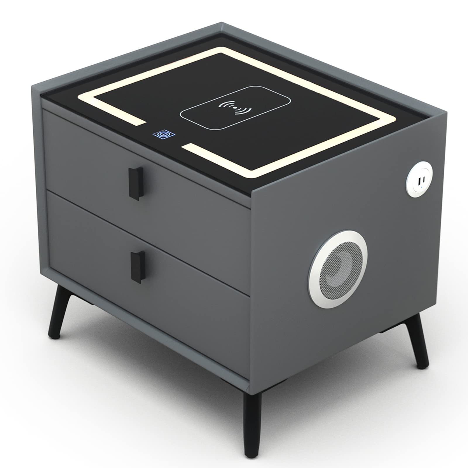 Smart Nightstand with Wireless Charging, USB Port, 3-Color LED Lights & Bluetooth Speaker - Modern Wooden Bedside Table with 2 Drawers for Bedroom, Dorm, Office | Perfect for Charging Devices, Ambient Lighting & Music Playback