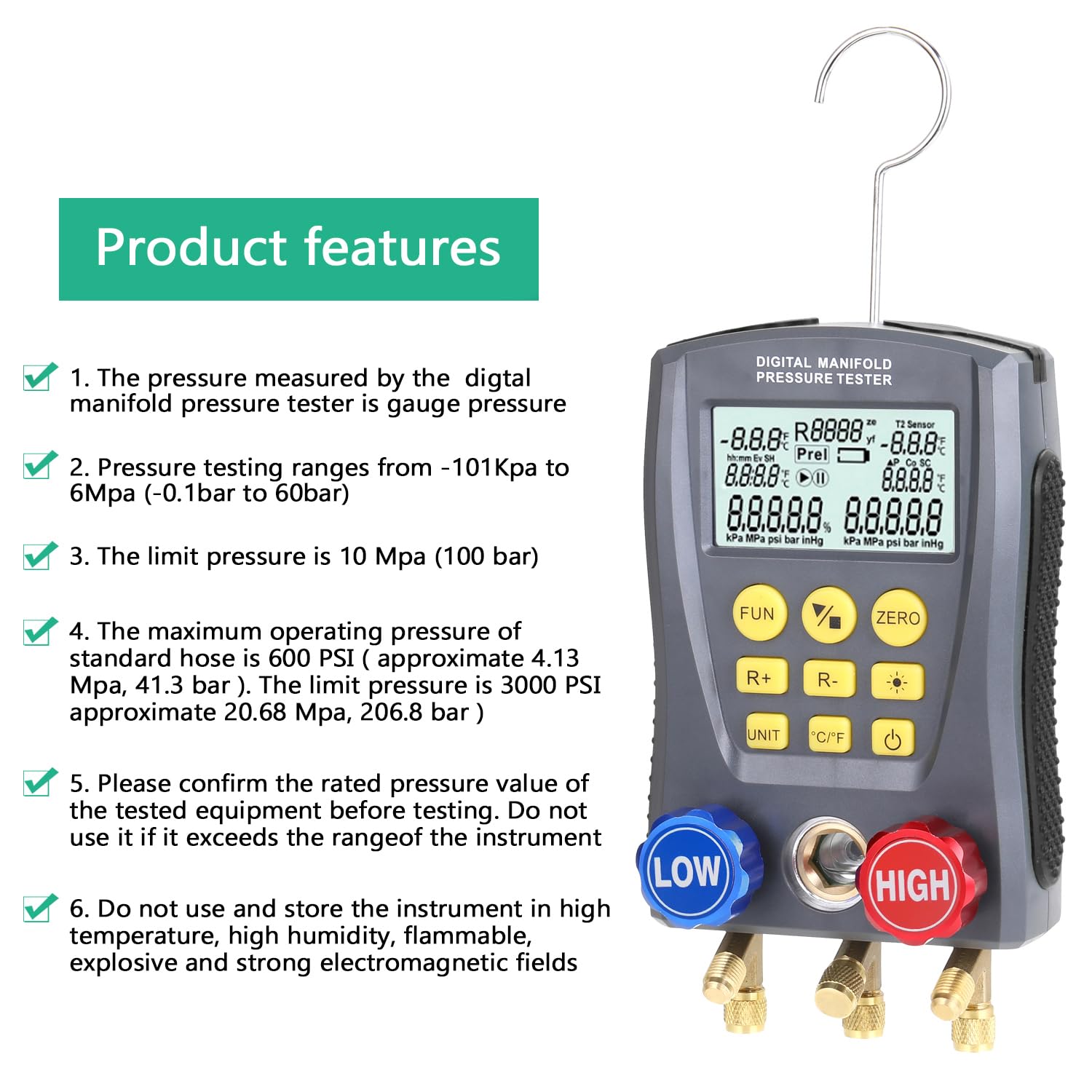 DUOYI DY517 Digital HVAC Manifold Gauge - Refrigeration Vacuum Pressure Tester with Temperature Measurement | Perfect for AC Repair, Refrigerant Charging & HVAC System Maintenance