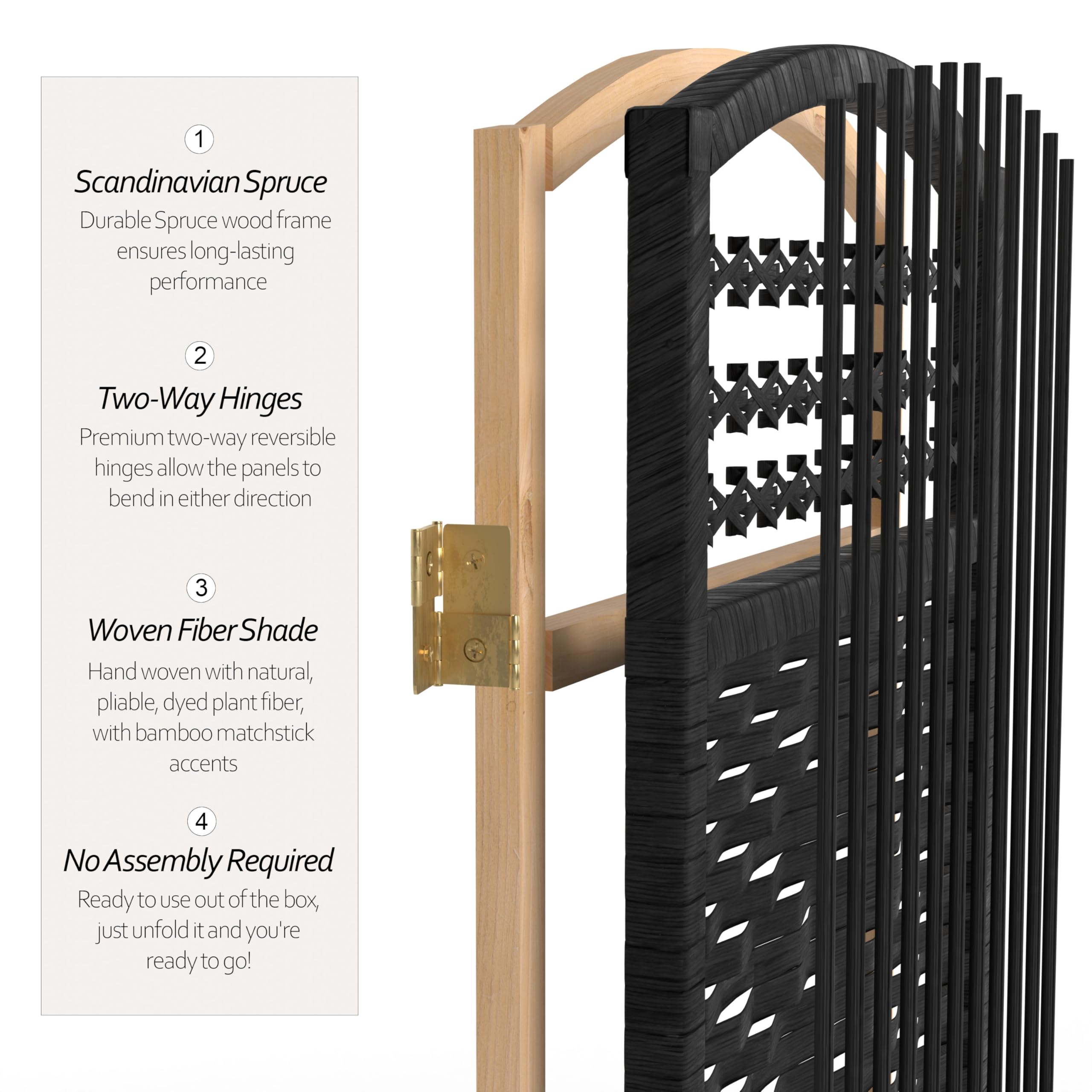 4 ft. Black Short Fiber Weave Folding Room Divider Screen - 4 Panel Privacy Partition for Home, Office & Events - Perfect for Space Separation & Decoration