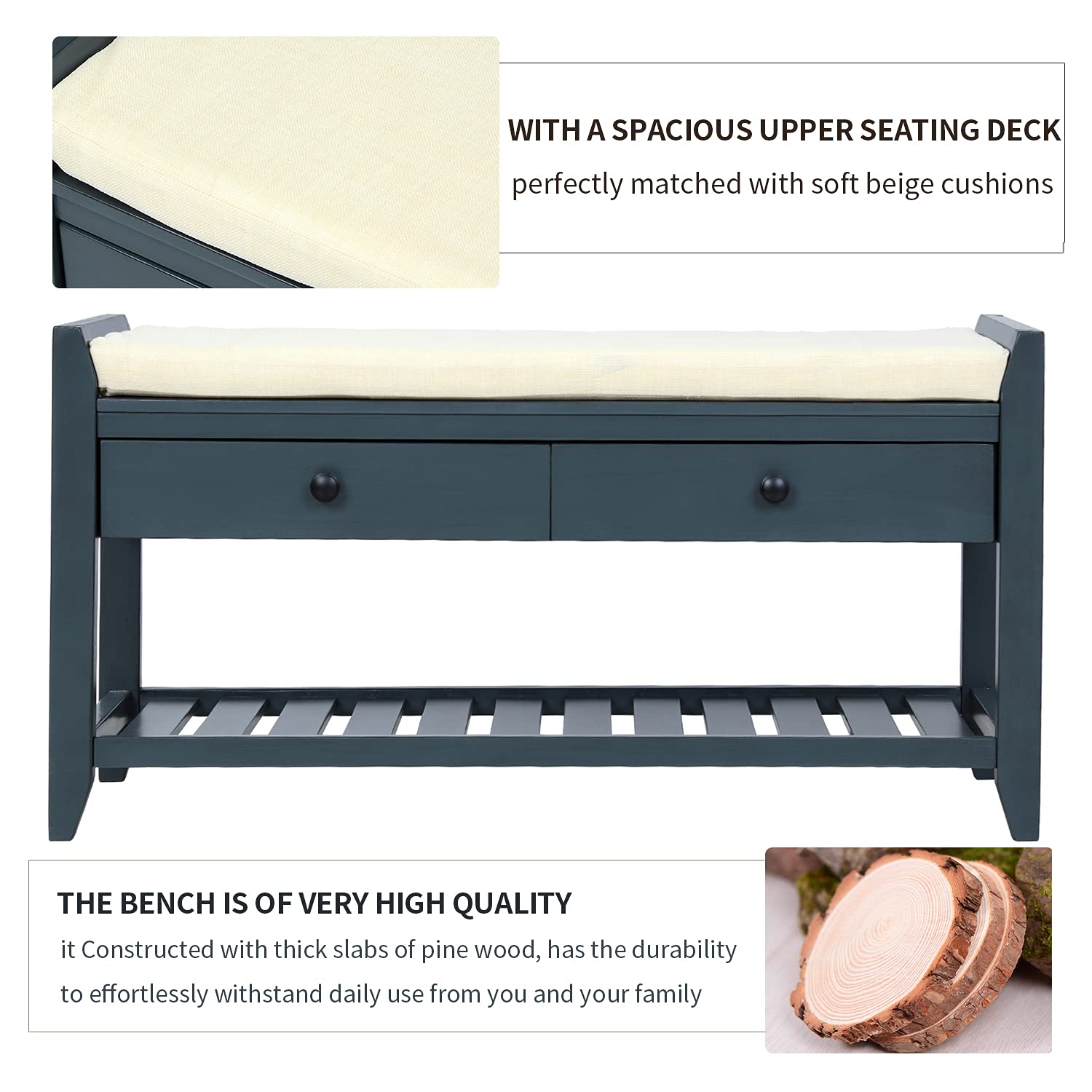 P PURLOVE Entryway Storage Bench with Cushioned Seat - Shoe Rack Organizer with 2 Drawers & Storage Shelf, Antique Navy - Perfect for Hallway, Mudroom, and Bedroom Organization