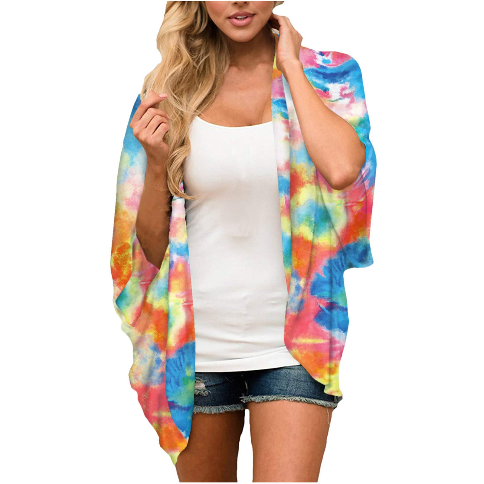Women's Chiffon Printed Kimono Cardigan - Long Sleeve Shawl Blouse Beach Cover Up for Summer Outfits & Boho Fashion