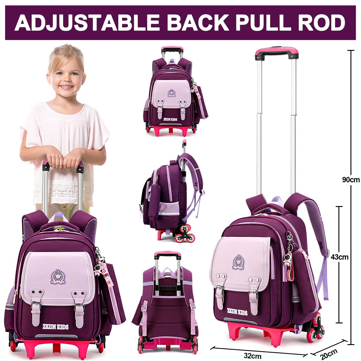 **Girls Rolling Backpack with Wheels - XL Purple School Backpack for Kids, Durable Trolley Luggage for Boys & Girls, Perfect for Travel, School & Daily Use**