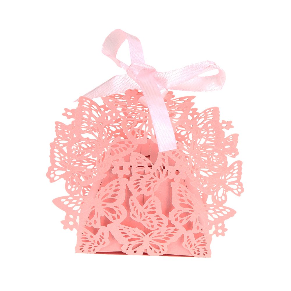 50pcs Pink Romantic Butterfly DIY Candy Cookie Gift Boxes with Ribbon - Wedding Favors, Party Decorations, Baby Shower Gifts - Perfect for Wedding Receptions, Bridal Showers, Birthday Parties & Special Events