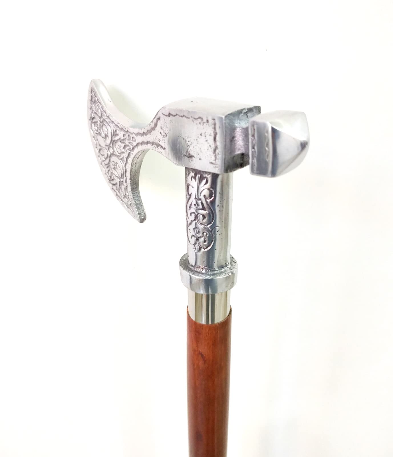 Premium Aluminum Walking Stick Handle with Brass Axe Design - Durable Wooden Cane Replacement for Hiking, Fashion Accessory & Unique Gift for Outdoorsmen