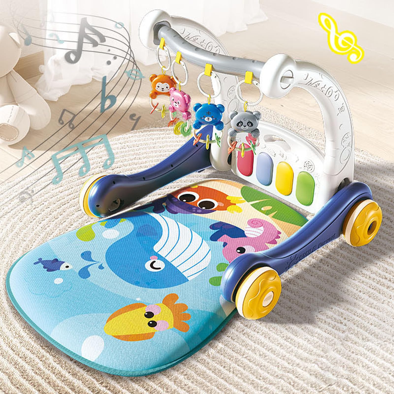 **Baby Push Walker with Adjustable Height - Multifunctional Piano Playmat & Activity Gym for Infants - Sensory Development Toy for Tummy Time, Crawling & Early Learning - Perfect for Nursery, Playroom & Daycare**