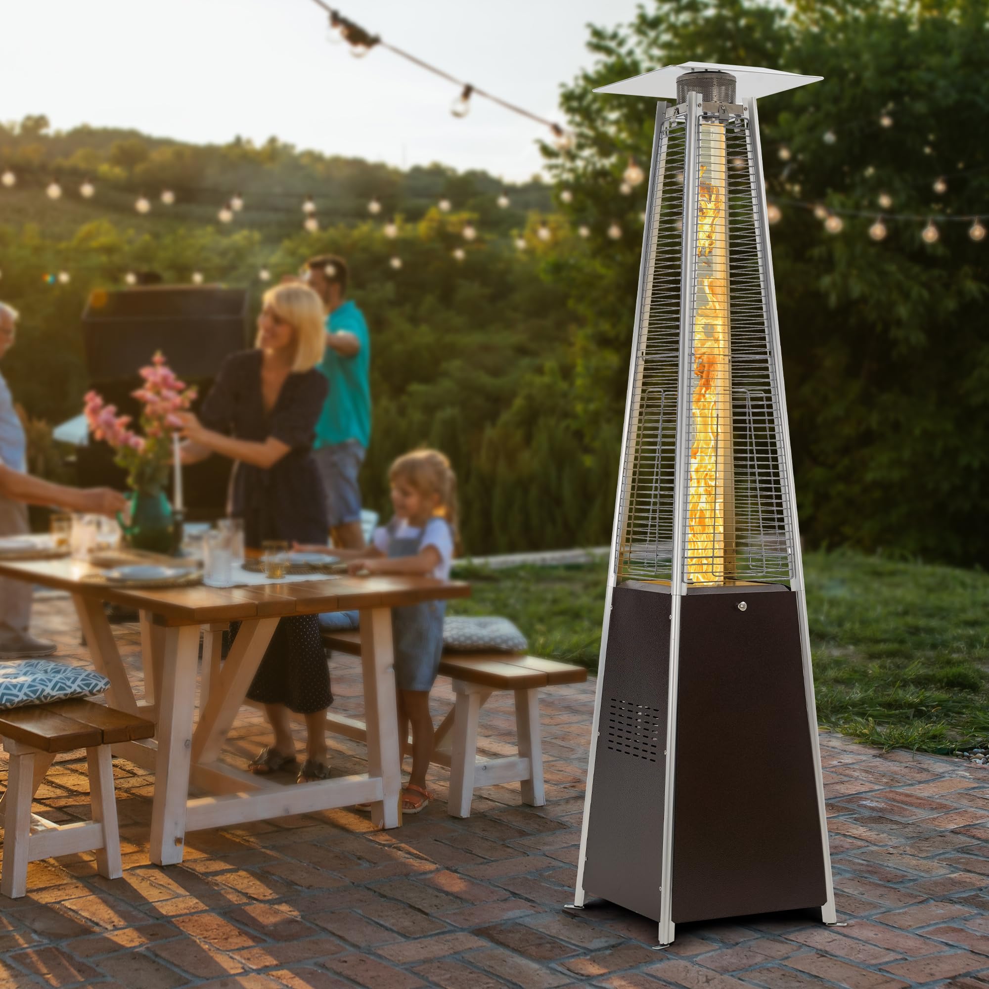 FOOWIN 48,000 BTU Outdoor Propane Patio Heater with Wheels - Bronze Pyramid Heater with Quartz Glass Tube, Waterproof Cover & Gloves - Perfect for Backyard, Garden, Party, and Outdoor Dining Areas