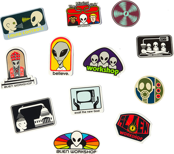 Alien Workshop 12-Pack Assorted Skateboard Decals - Premium Vinyl Stickers for Skateboards, Laptops, Bikes & DIY Projects - Durable, Waterproof & Easy to Apply