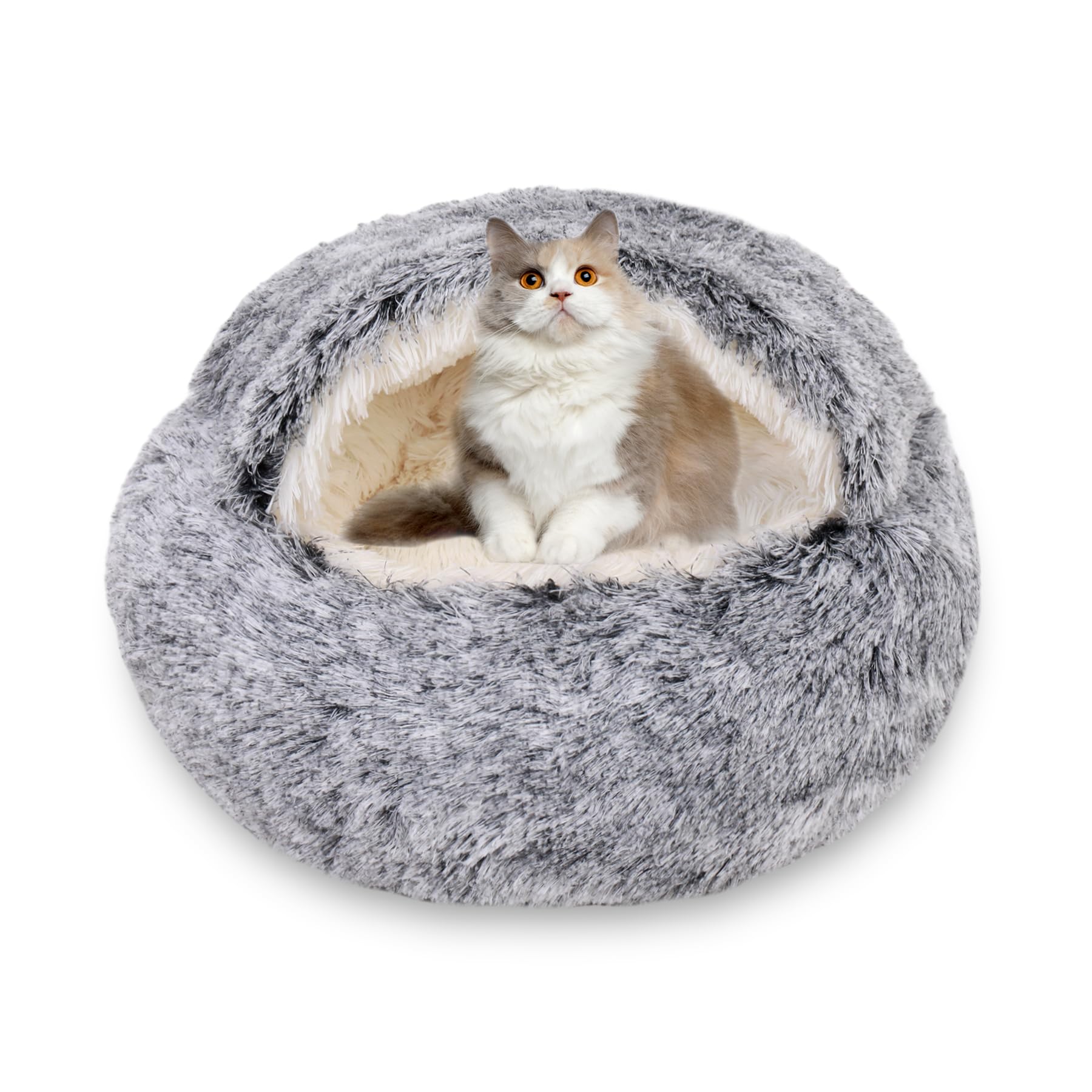 Round Hooded Dog & Cat Cave Bed - Plush Faux Fur Self-Warming Pet Bed with Removable Washable Cover - Cozy Burrowing Donut Bed for Puppies & Kittens - Perfect for Indoor Comfort, Winter Warmth & Anxiety Relief