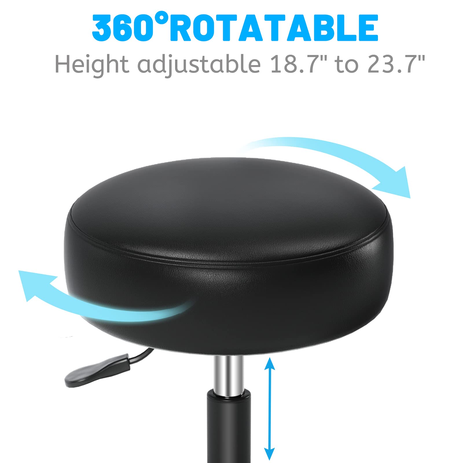 Professional Salon Rolling Stool with Wheels - Heavy Duty Adjustable Lash Chair for Tattoo, Massage, Nail Salon & Spa - 360° Swivel Leather Stool with Thick Padding - Black - Perfect for Beauty Professionals, Artists & Classroom Teaching