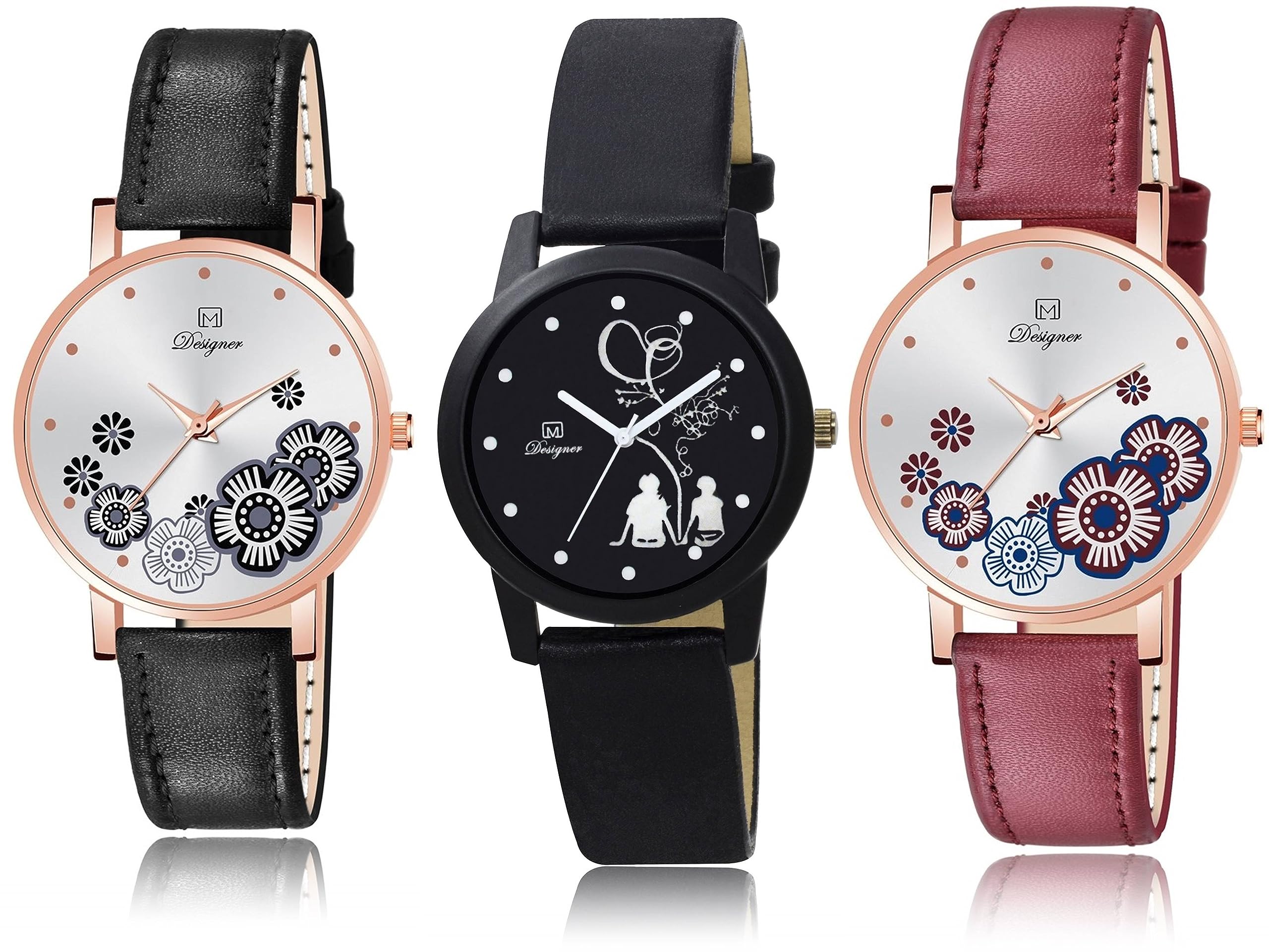 Stylish Bollywood Designer Analog Watches for Women & Girls - Leather Strap, Floral Print, Quartz Movement - 3-Pack Combo Set | Perfect for Parties, Weddings & Everyday Fashion Accessories