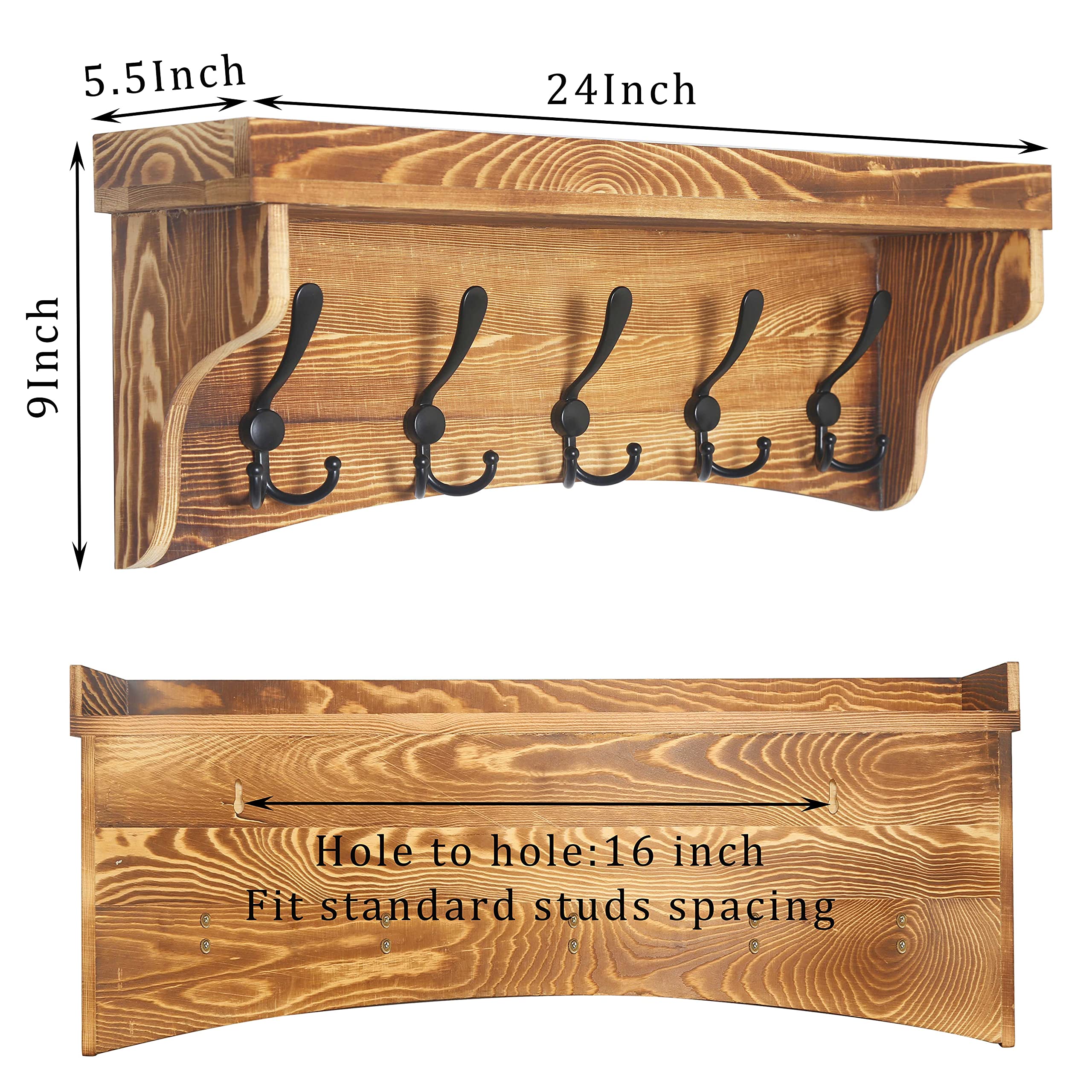 WEBI 24’’ Wall Shelf with 5 Triple Hooks - Rustic Brown Coat Rack & Key Holder - Bathroom & Entryway Storage Solution - Space Saving Wall Mounted Shelf for Hats, Bags & Home Organization