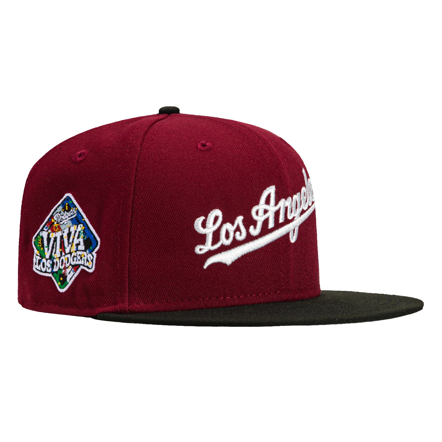 New Era 59Fifty Los Angeles Dodgers Viva Los Dodgers Patch Script Baseball Cap - Cardinal & Black - Official MLB Licensed Hat for Baseball Games & Streetwear Fashion