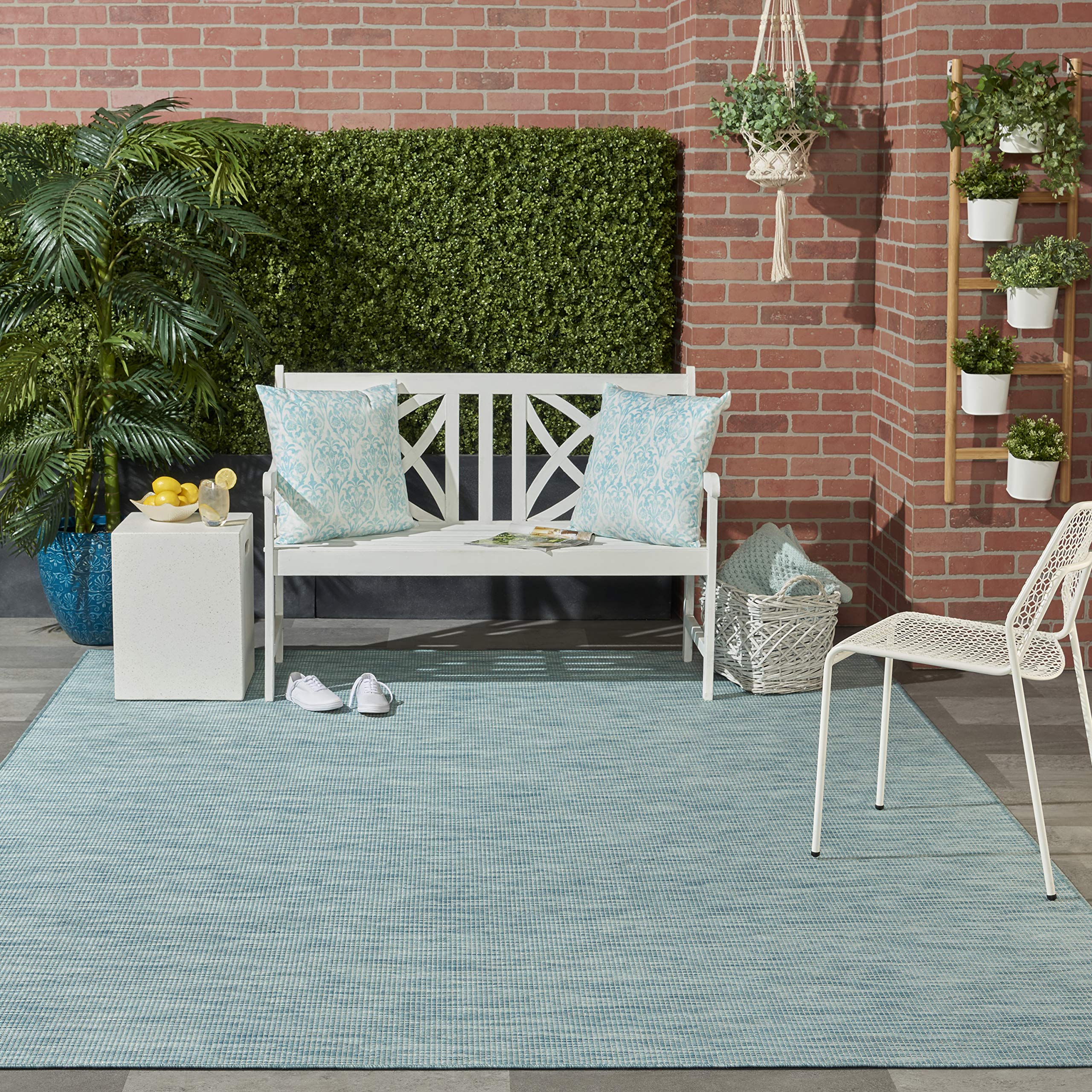 Nourison Positano 8' Round Indoor/Outdoor Area Rug in Aqua - Easy to Clean, Non-Shedding for Bedroom, Living Room, Dining Room - Perfect for Backyard, Deck, and Patio Use