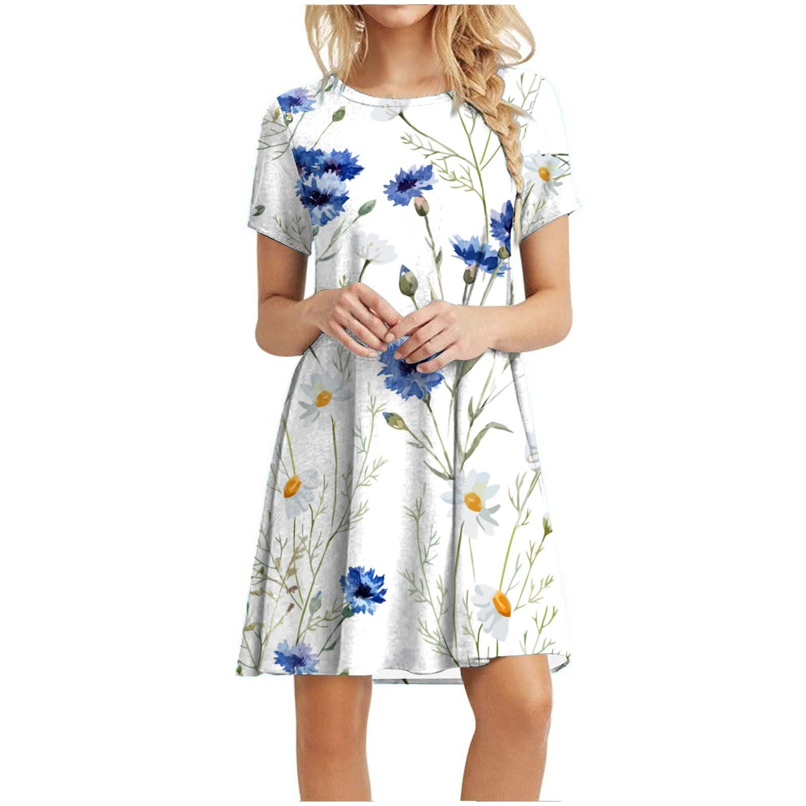 Women's Summer Floral Jacquard Swing Dress - Casual Long Sleeve Maxi Dress with Blue Flower Pattern | Perfect for Beach Vacations, Garden Parties & Summer Outings