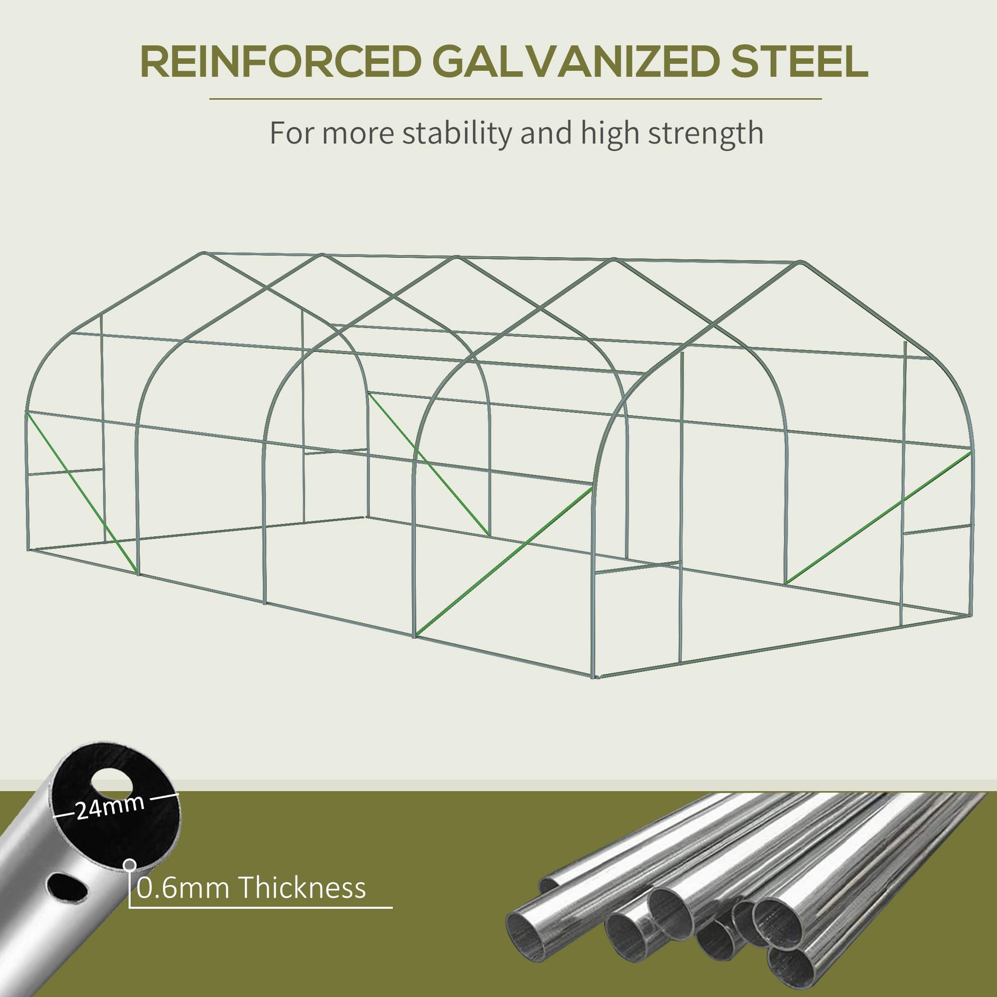 Outsunny 20' x 10' x 7' Walk-in Greenhouse with Galvanized Steel Frame - Large Hoop House Kit with Zippered Door & 6 Windows for Gardening, Plant Growing & Backyard Farming - Perfect for Vegetables, Flowers & Seed Starting (White)