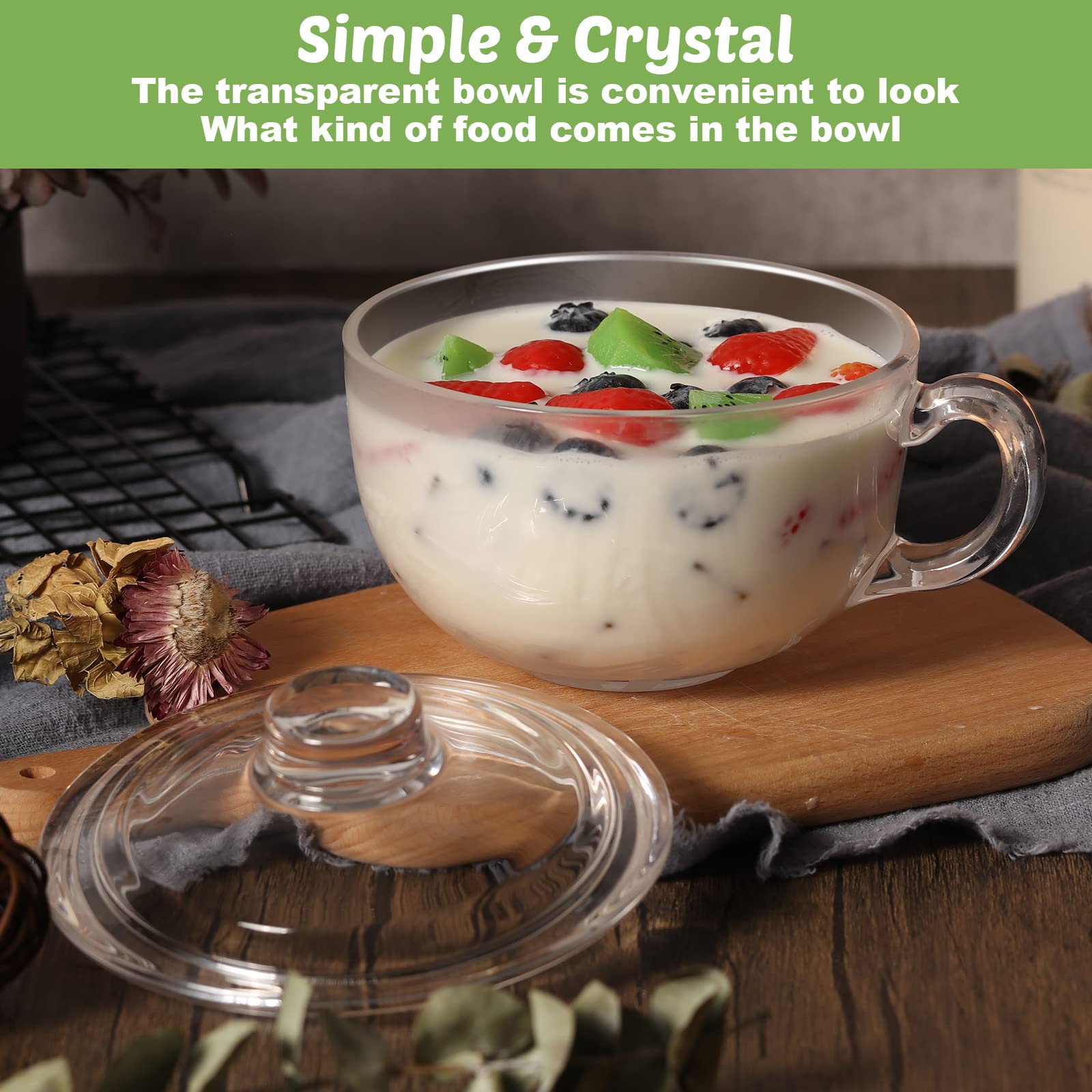 2-Pack Clear Glass Ramen Bowls with Lids & Handles - Microwave Safe Mixing Bowls for Cooking (20oz/600ml) - Perfect for Noodles, Soup, Cereal, Breakfast & Fruit Serving