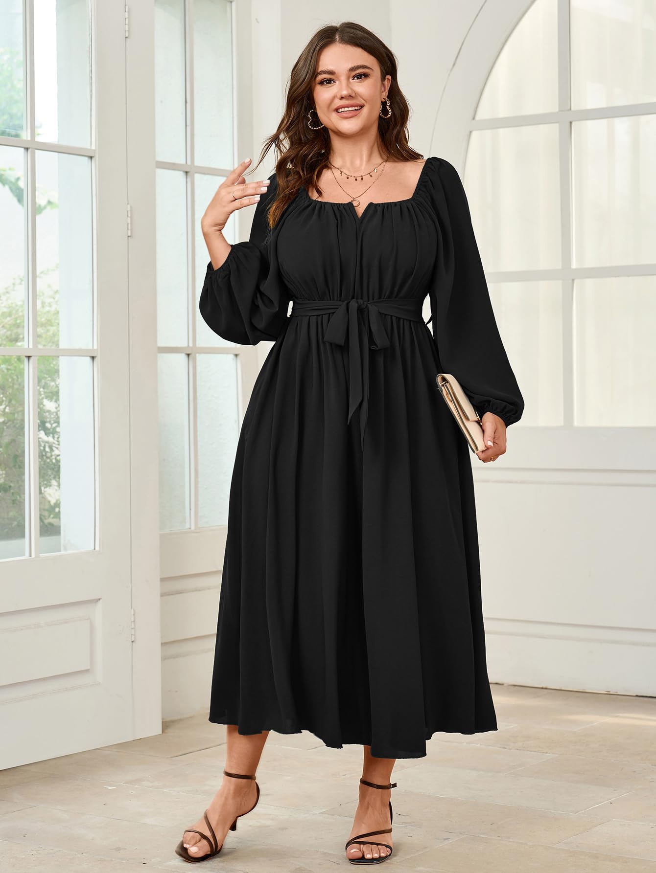 SCOMCHIC Women's Plus Size Maxi Dress - Long Sleeve Square Neck Elegant Cocktail Dress with Belt, Flowy A-Line Design for Wedding Guest, Party & Special Occasions
