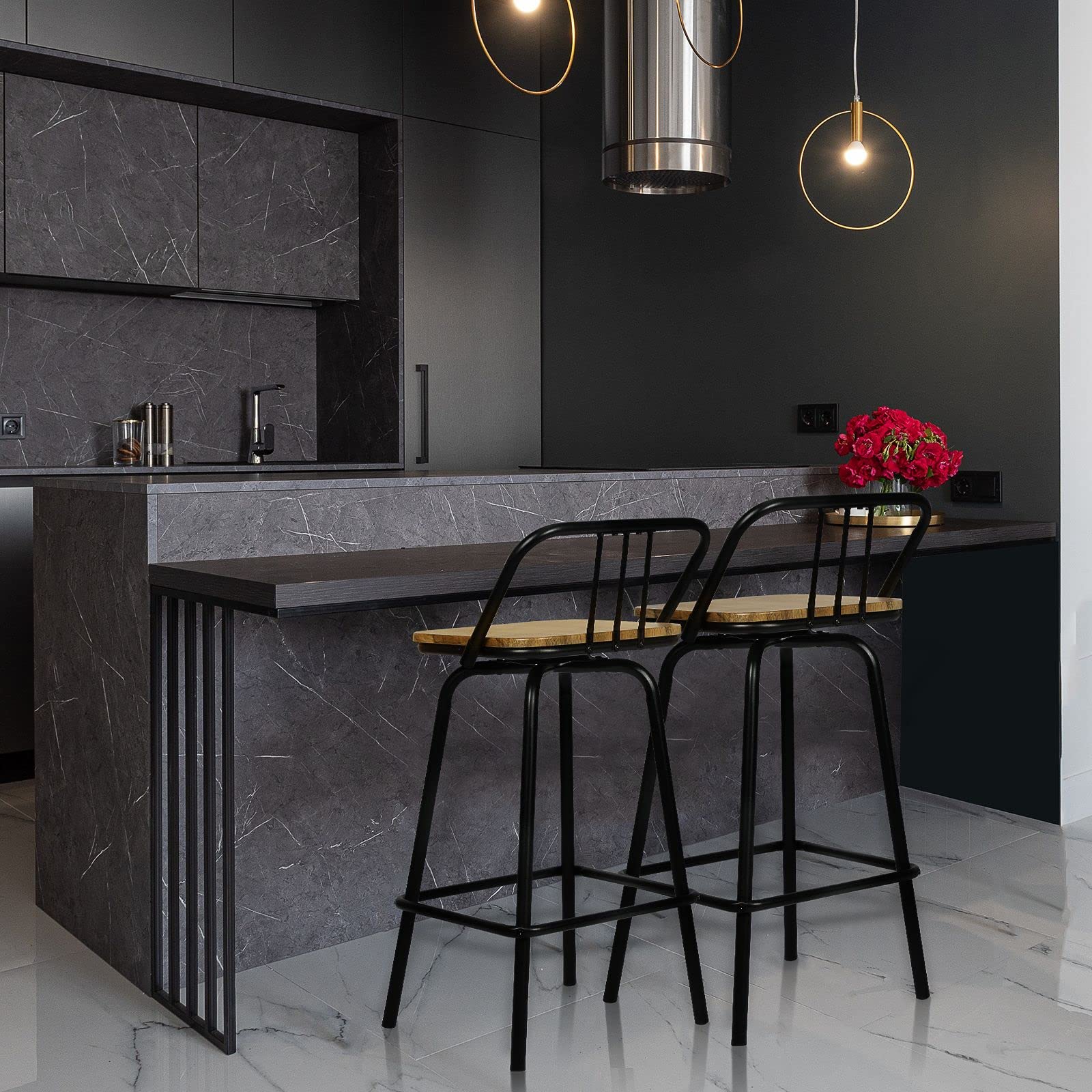 2 Pack Industrial Swivel Counter Stools with Wood Seat & Backrest - Rustic Brown Farmhouse Bar Stools for Kitchen, Dining Room & Counter Bar - Perfect for Breakfast Nooks, Kitchen Islands & Home Bars