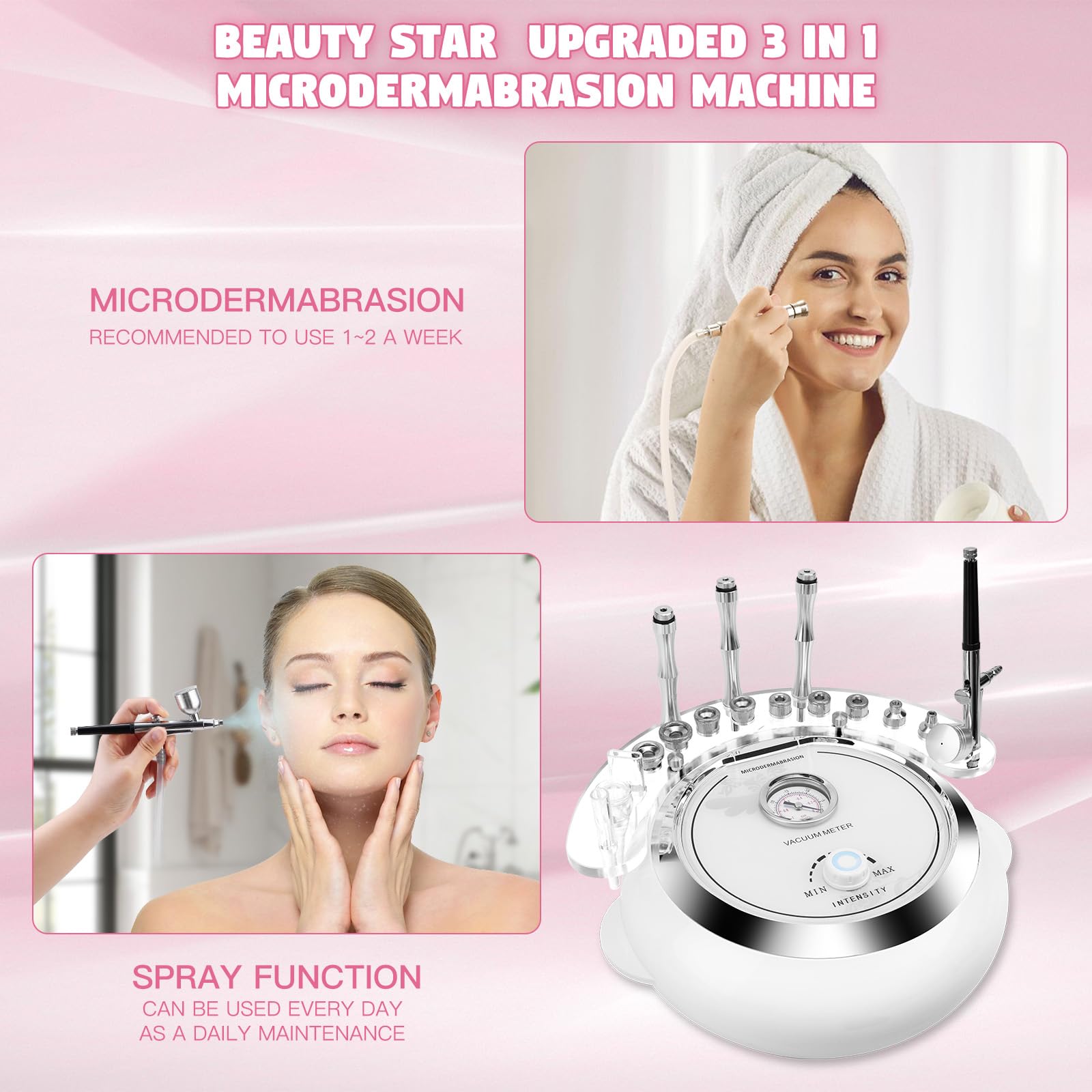 Professional 3-in-1 Microdermabrasion Machine with 65-68cmhg Vacuum Suction - Diamond Facial Cleaner for Home & Salon Use | Beauty Star Skin Care Equipment with Vacuum & Spray Gun | Perfect for Acne Treatment, Blackhead Removal & Anti-Aging Skincare Routine