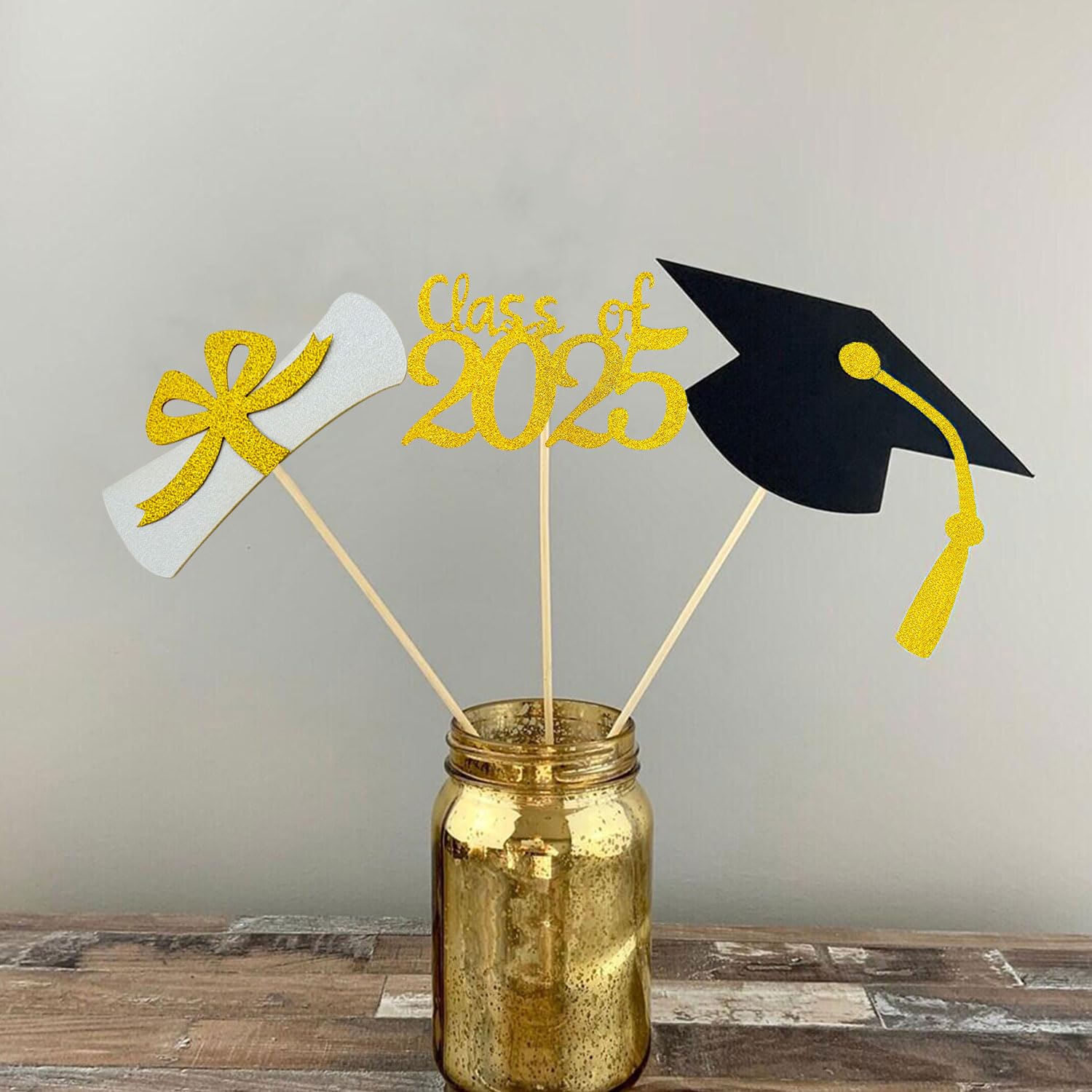 2025 Graduation Cupcake Toppers - 48pcs Glitter Gold & Black Grad Cap & Diploma Decorations for Graduation Party | Class of 2025 Dessert Toppers for Cakes, Cupcakes & Treats - Perfect for Graduation Ceremony, School Party & Celebration Decor