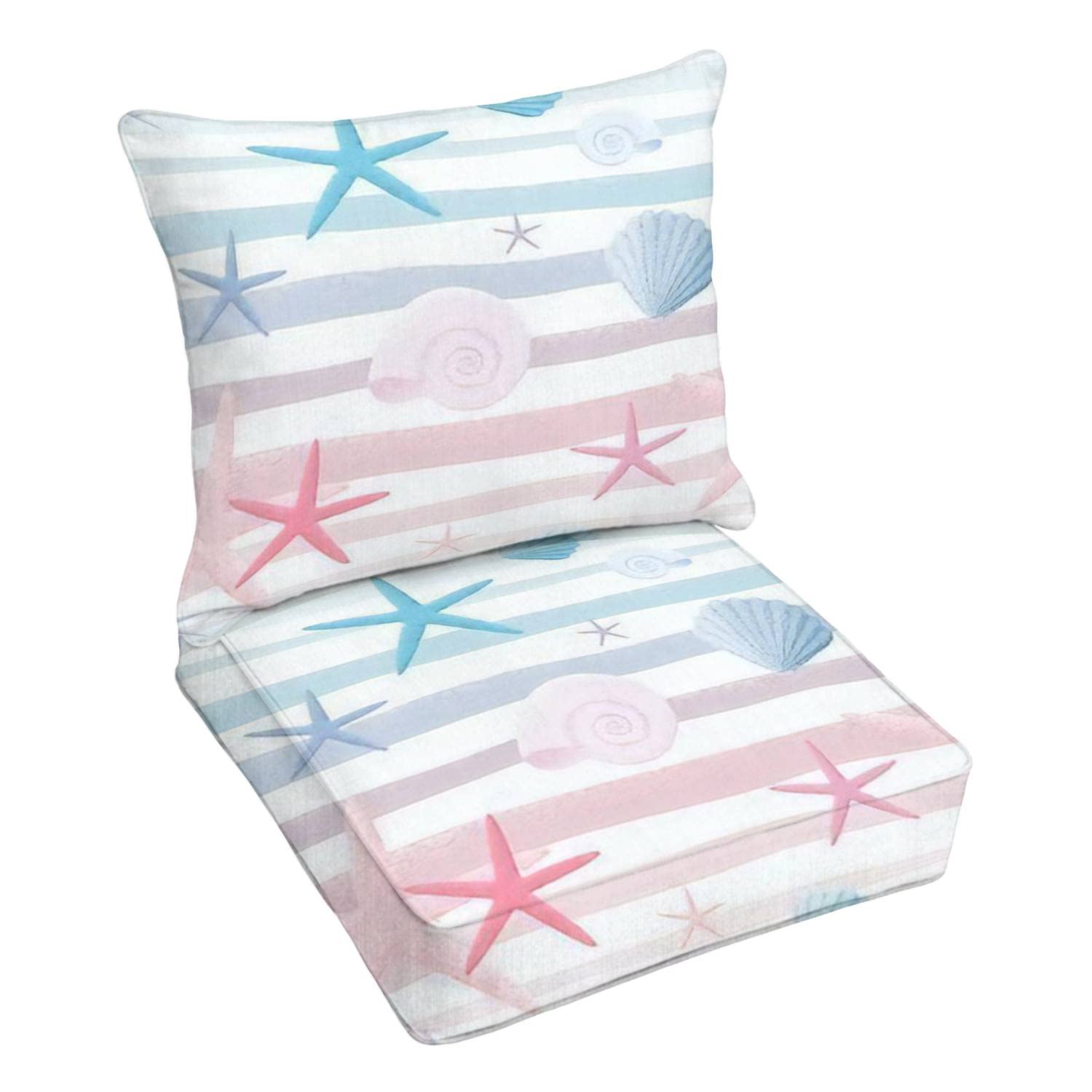 Premium Outdoor Deep Seating Cushion Set - Grunge Striped Vintage Design with Seashell & Starfish Patterns - Waterproof Patio Furniture Replacement Cushions for Lounge Chairs - Perfect for Poolside, Garden, and Backyard Relaxation