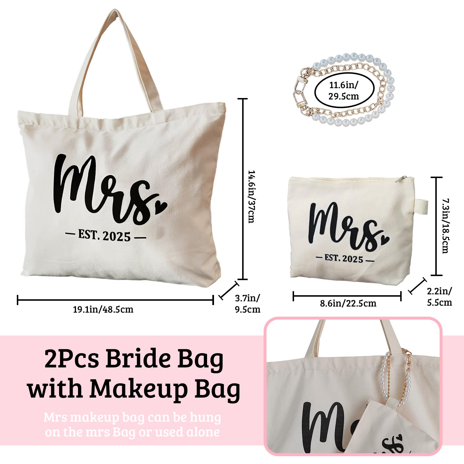Elegant Mrs Bag - Perfect Bridal Shower Gift for Bride, Bachelorette & Wedding with Zip Pocket | Ideal for Honeymoon, Bridal Party & Wedding Day Essentials