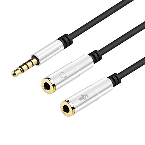 3.5mm Audio Y Splitter Cable - 1 Male to 2 Female Headphone/Mic Adapter - AUX Stereo Jack for Computer, Laptop, Gaming Headset (0.35m Silver) - Perfect for Streaming, Podcasting & Multi-Device Audio Sharing