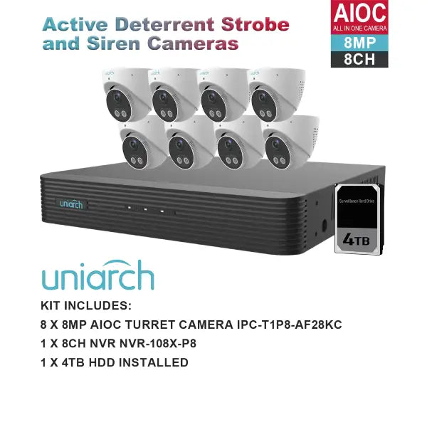 Uniarch K8088AIOC 8MP 8 Channel CCTV Security System with Active Deterrent - Home & Business Surveillance Kit for 24/7 Monitoring and Theft Prevention