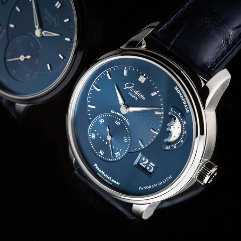 PanoMaticLunar 40mm Stainless Steel Watch with Blue Dial & Leather Strap - Perfect for Business Meetings & Formal Occasions