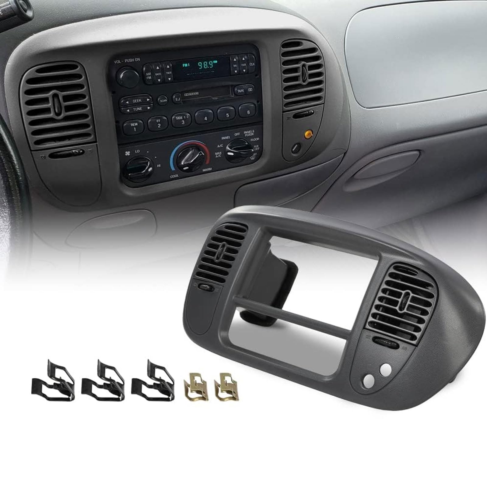 1997-2003 Ford F150 Expedition Center Dash Radio Climate Control Bezel Panel with Air Vents - Grey Trim Replacement Part for Car Interior Upgrade & Restoration
