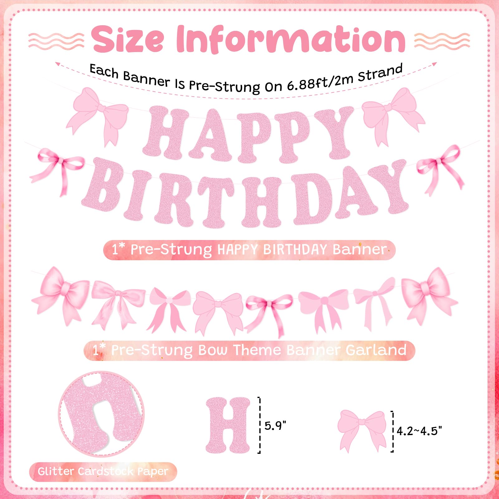Happy Birthday Banner with Pre-Strung Pink Bows - Elegant Garland for Women & Girls Birthday Party Decorations | Perfect for Baby Showers, Bridal Showers, and Birthday Party Backdrops