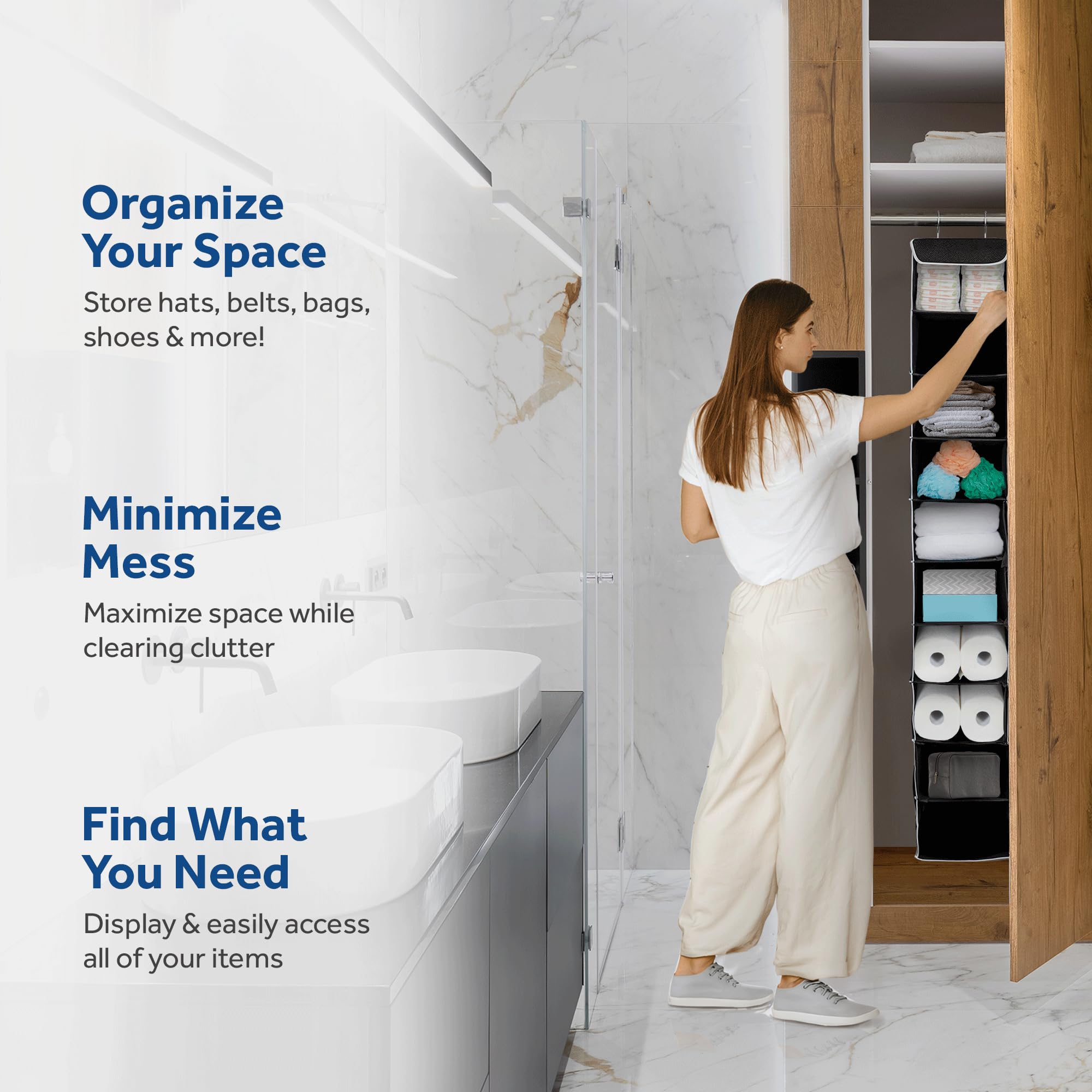 ZOBER 10-Shelf Hanging Closet Organizer - Space Saving Storage for Clothes, Towels, Toys - Perfect for Dorm Room, Nursery & Home Closet Organization - Ideal for Small Spaces & Wardrobe Storage Solutions
